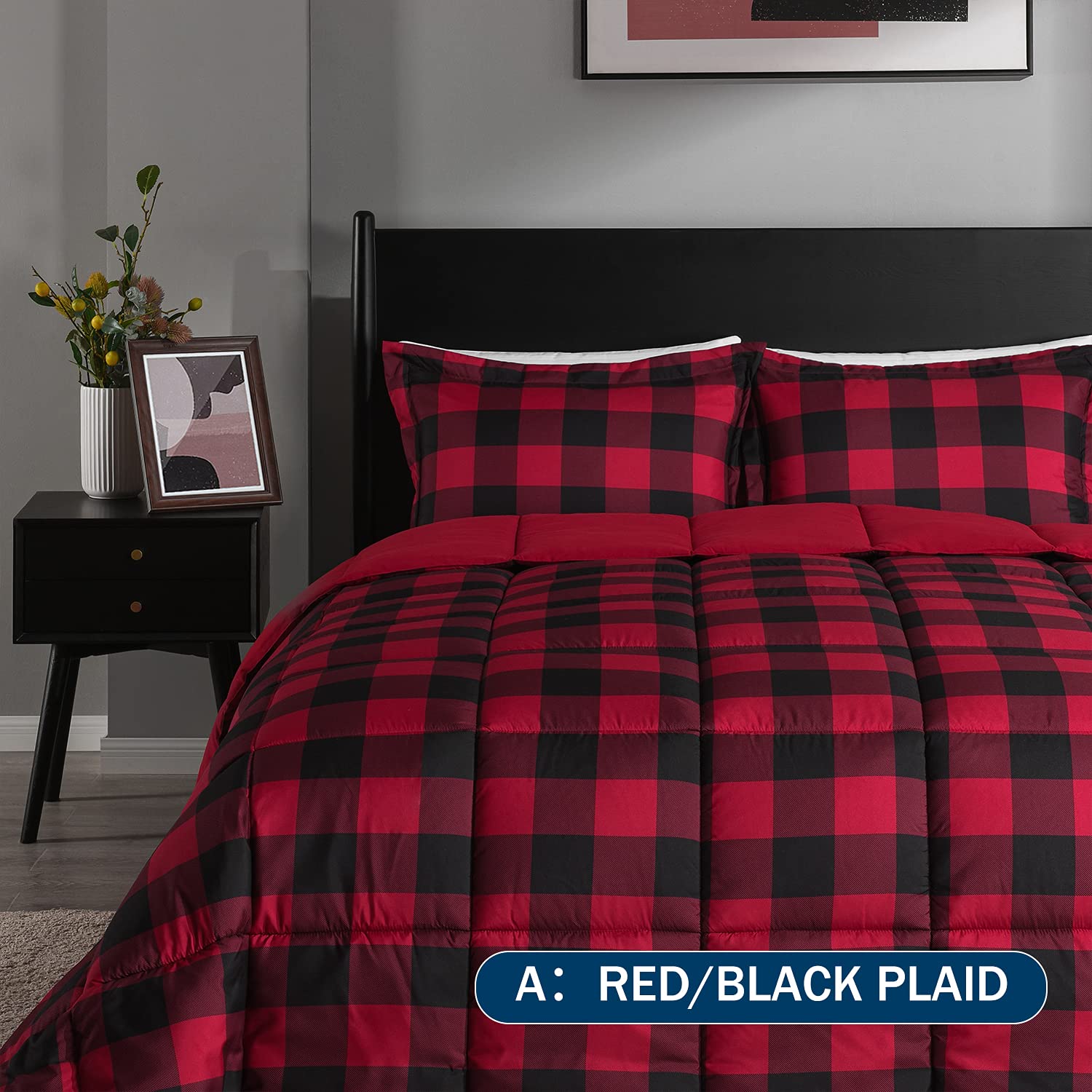 Downluxe Lightweight Plaid Comforter Set King Size - 3-Piece Reversible Down Alternative Bedding with 2 Pillow Shams - Red Black Plaid Pattern - Perfect for Cozy Bedrooms, Guest Rooms & Winter Comfort