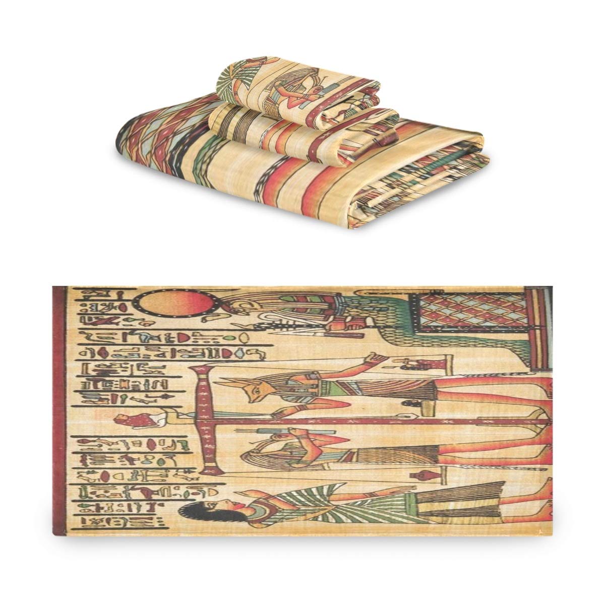 Premium Egyptian Cotton Towel Set - Super Soft Bath, Hand & Washcloth (3-Piece) with Antique Papyrus Hieroglyph Design - Luxury Bathroom, Hotel & Spa Essentials for Home, Gym & Travel