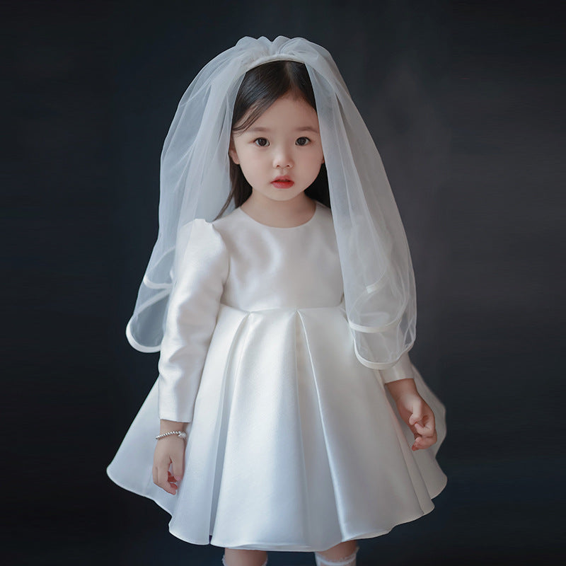 Elegant White Satin Christening Dress for Baby Girls - Long Sleeve Princess Gown for 1 Year Old Toddlers - Perfect for Baptism, First Birthday & Special Occasions