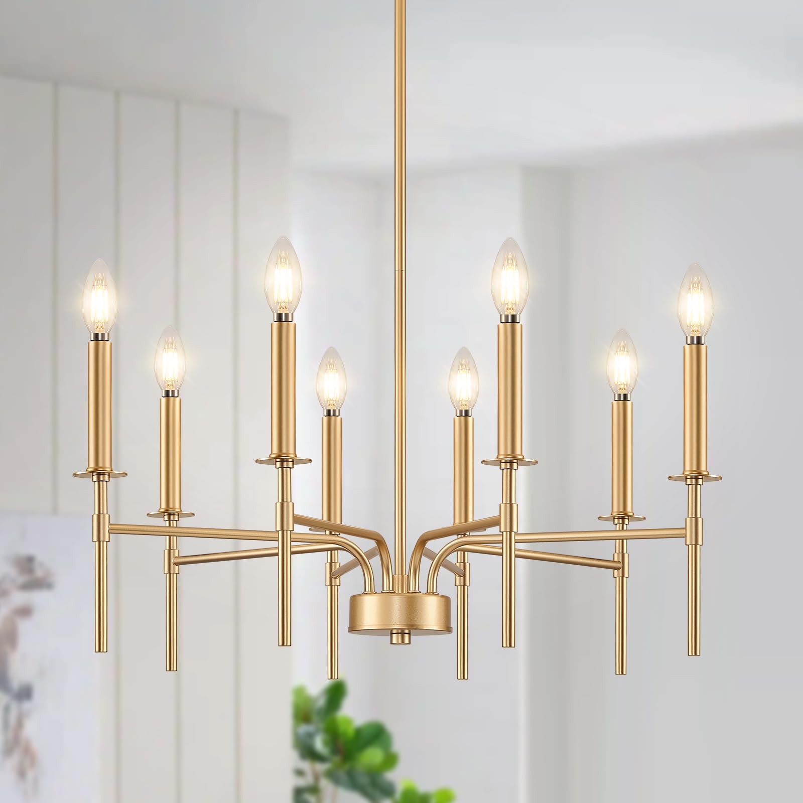 8-Light Gold Chandelier - Modern Farmhouse Dining Room Lighting Fixture with Metal Candle Pendant Design for Foyer, Entryway, Stairs, Living Room, Bedroom & Kitchen | Perfect for Rustic Home Decor & Dinner Party Ambiance