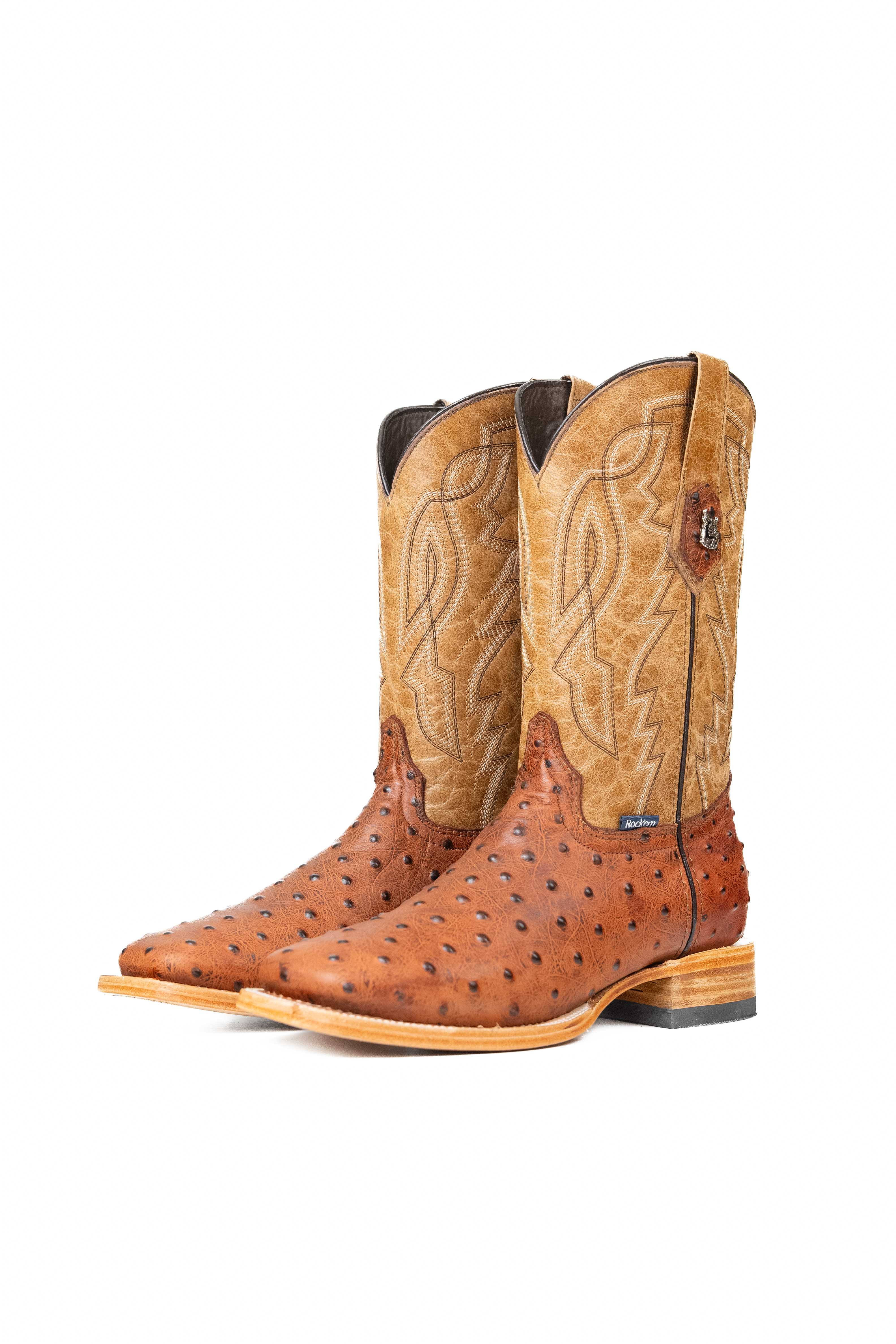 Renegade Ostrich Leather Square Toe Cowboy Boots for Men - Western Style Riding Boots for Country Music Festivals & Rodeo Events