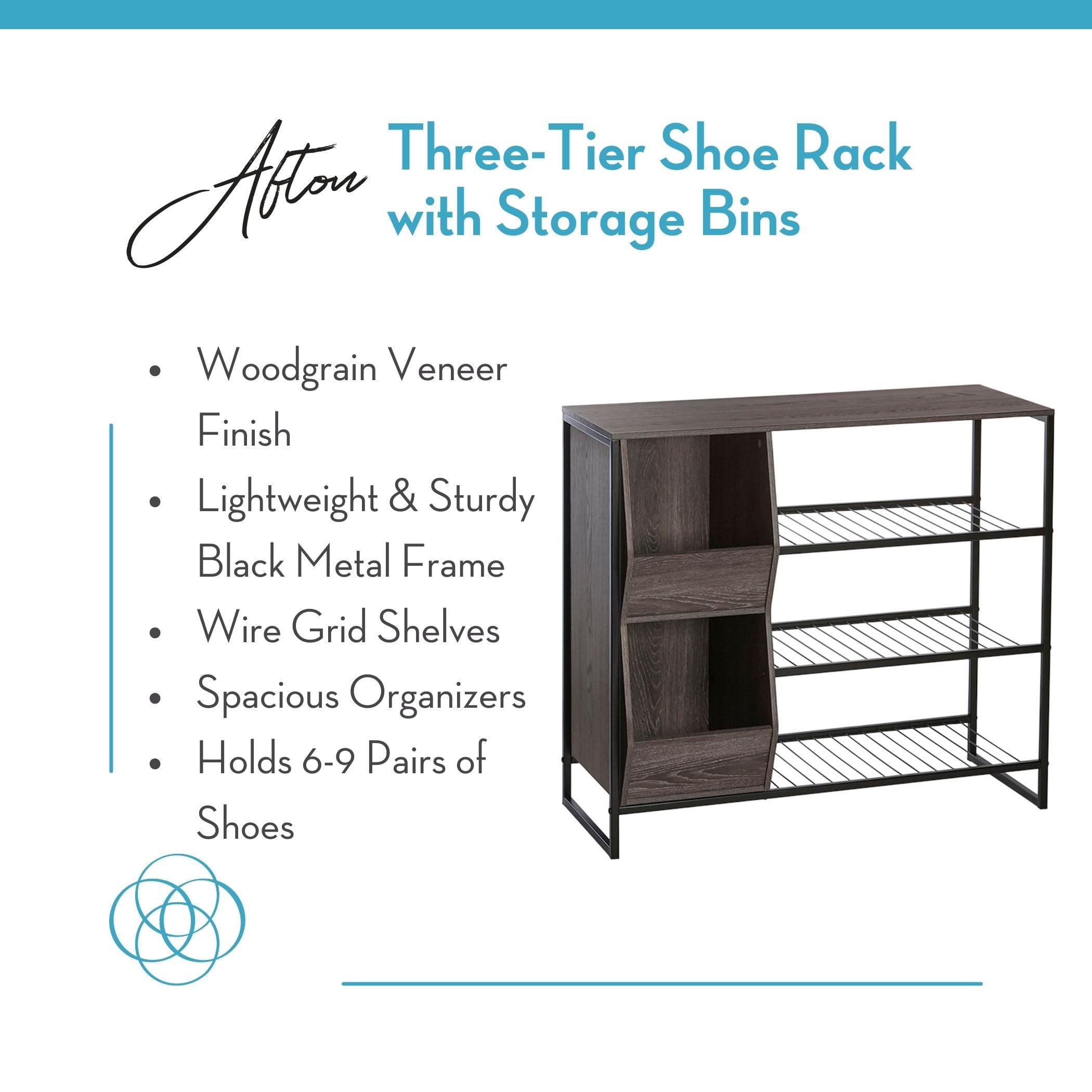 RiverRidge Afton 3-Tier Shoe Organizer with Storage Bins - Sturdy Metal Frame Shoe Rack Holds 6-9 Pairs | Space-Saving Entryway Storage for Shoes, Boots & Accessories | Perfect for Closet, Bedroom & Mudroom Organization