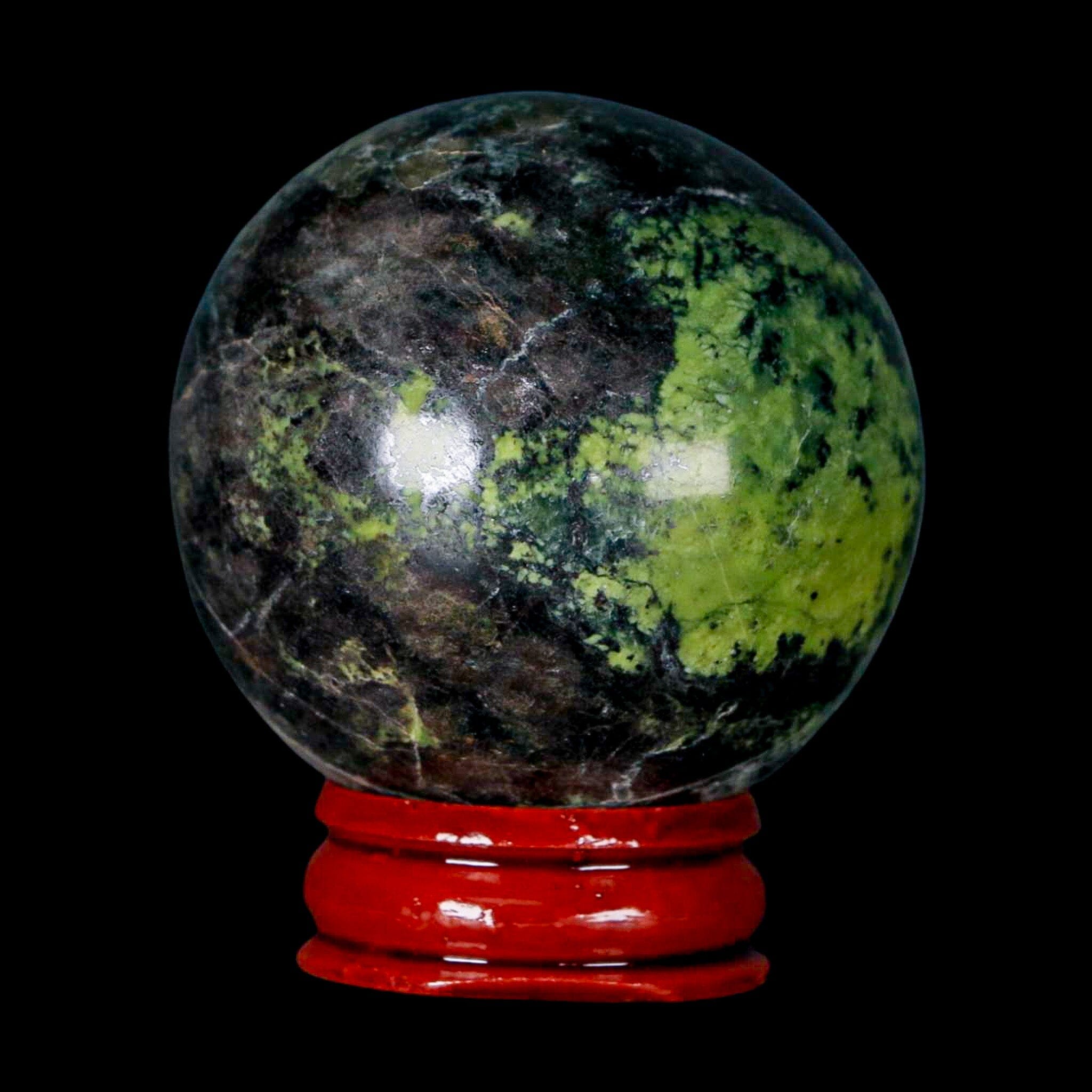 47MM Natural Green & Yellow Serpentine Pyrite Sphere Ball - Handcrafted Healing Stone Orb from Peru with Display Stand - Perfect for Meditation, Home Decor & Crystal Collection