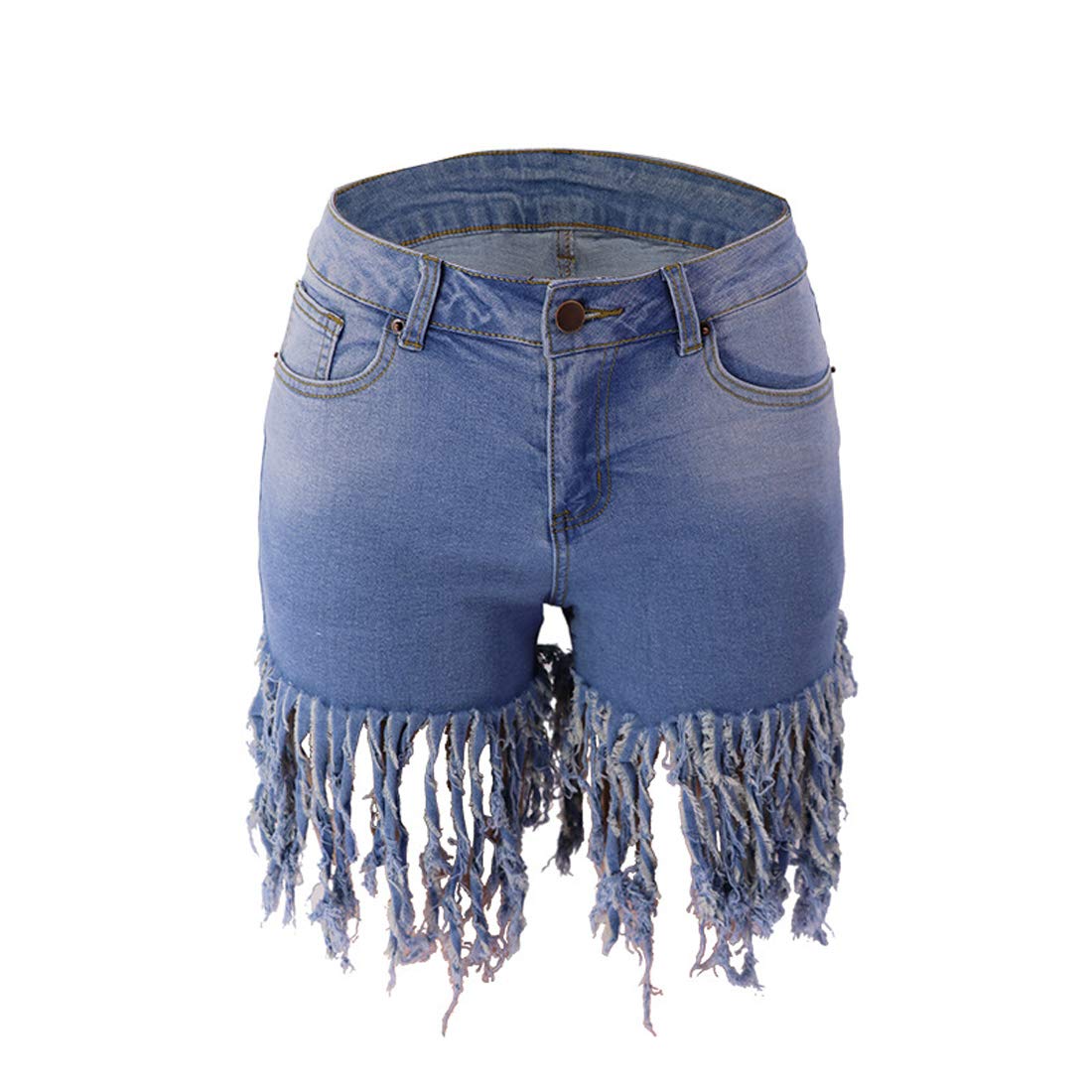 Women's High Waisted Denim Shorts with Tassels - Stretchy Summer Short Jeans with Frayed Raw Hem for Casual Wear & Club Outfits | Perfect for Beach, Music Festivals & Nightlife