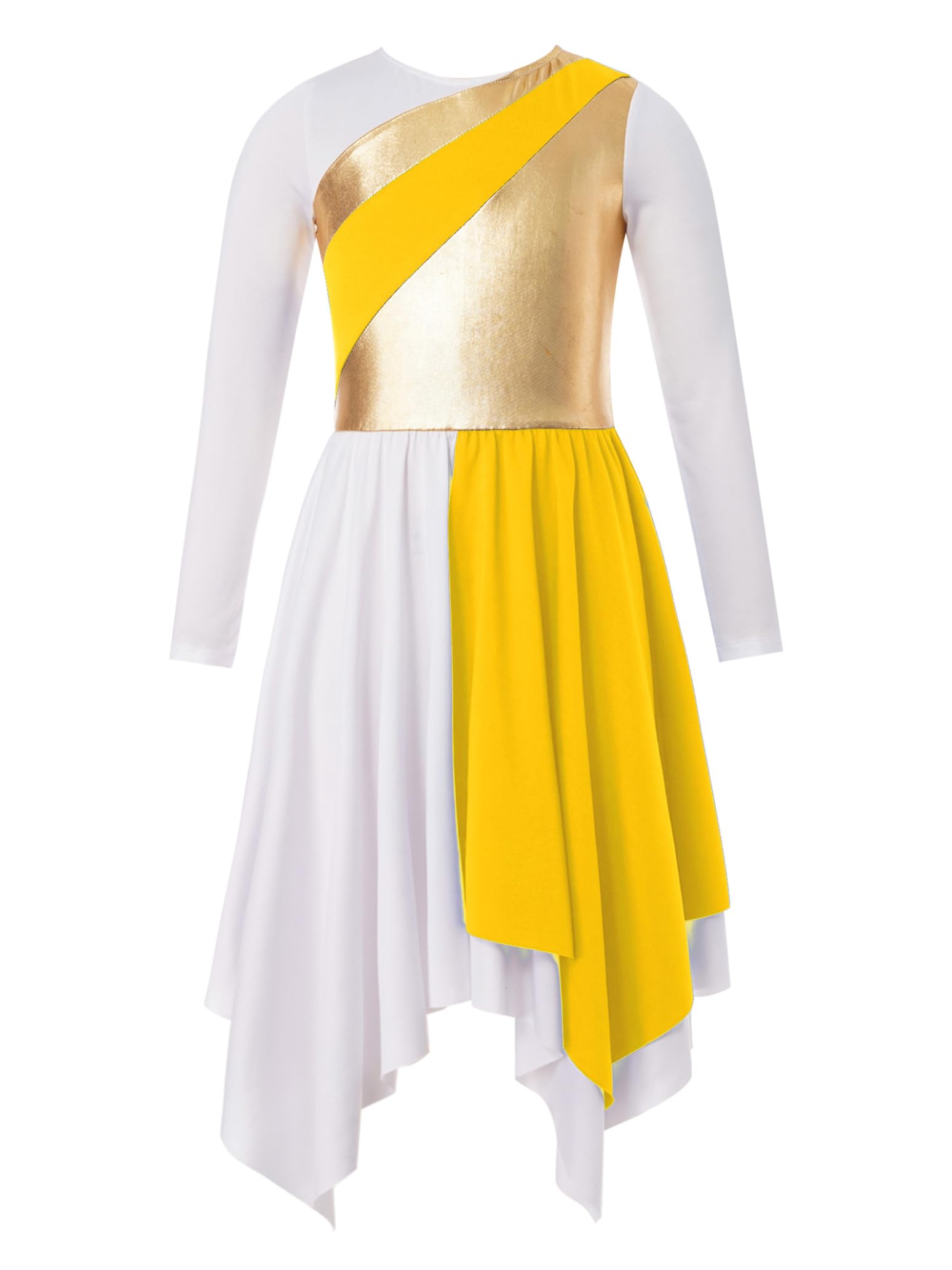 Metallic Liturgical Worship Dance Dress for Girls - Long Sleeve Asymmetrical Church Robe Tunic - Perfect for Praise Dance, Sunday Worship & Special Church Events