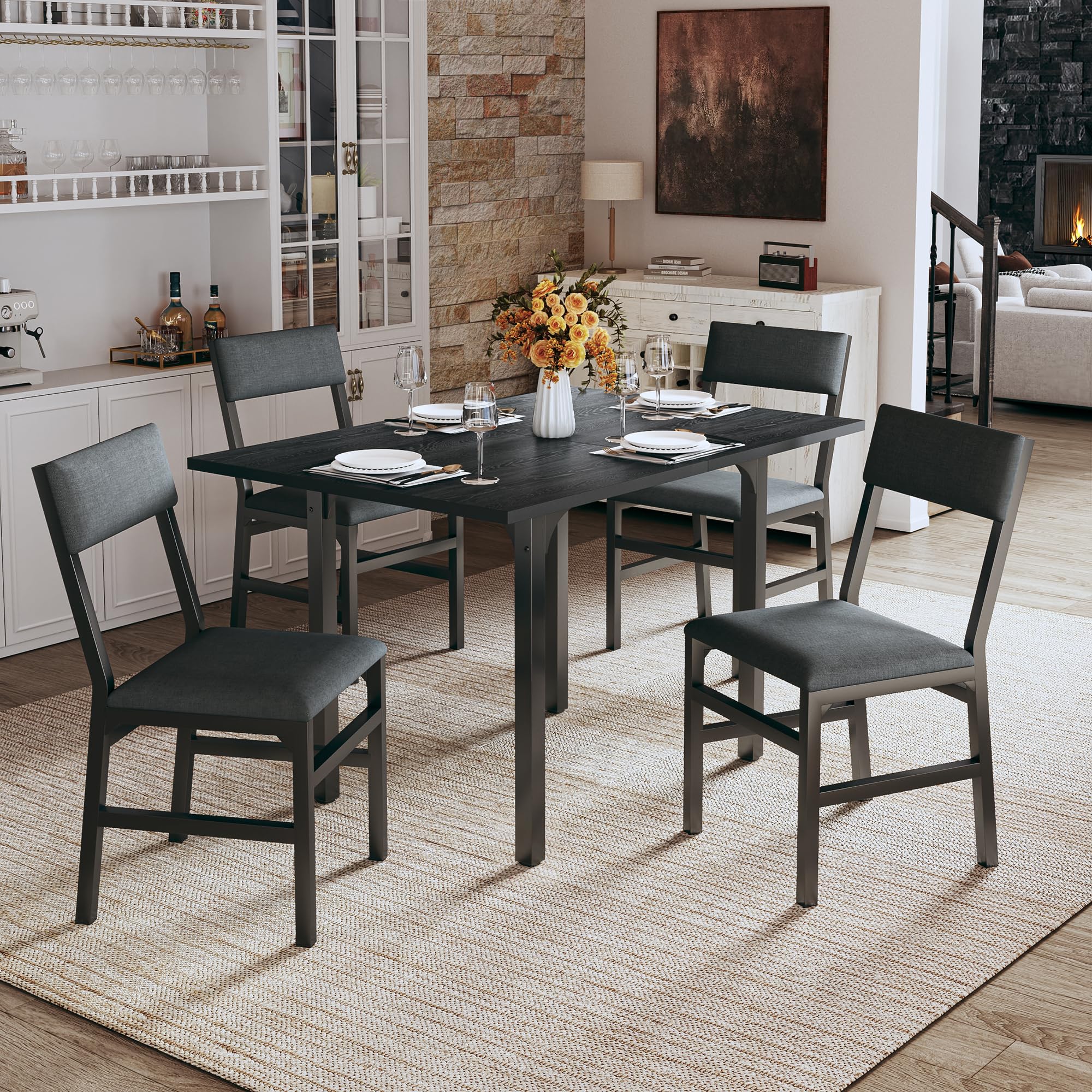 **Extendable 4-Piece Dining Table Set with Cushioned Chairs - Space-Saving Rectangle Kitchen Table with Metal Frame & MDF Board - Perfect for Small Apartments, Breakfast Nooks & Compact Dining Spaces - Black**