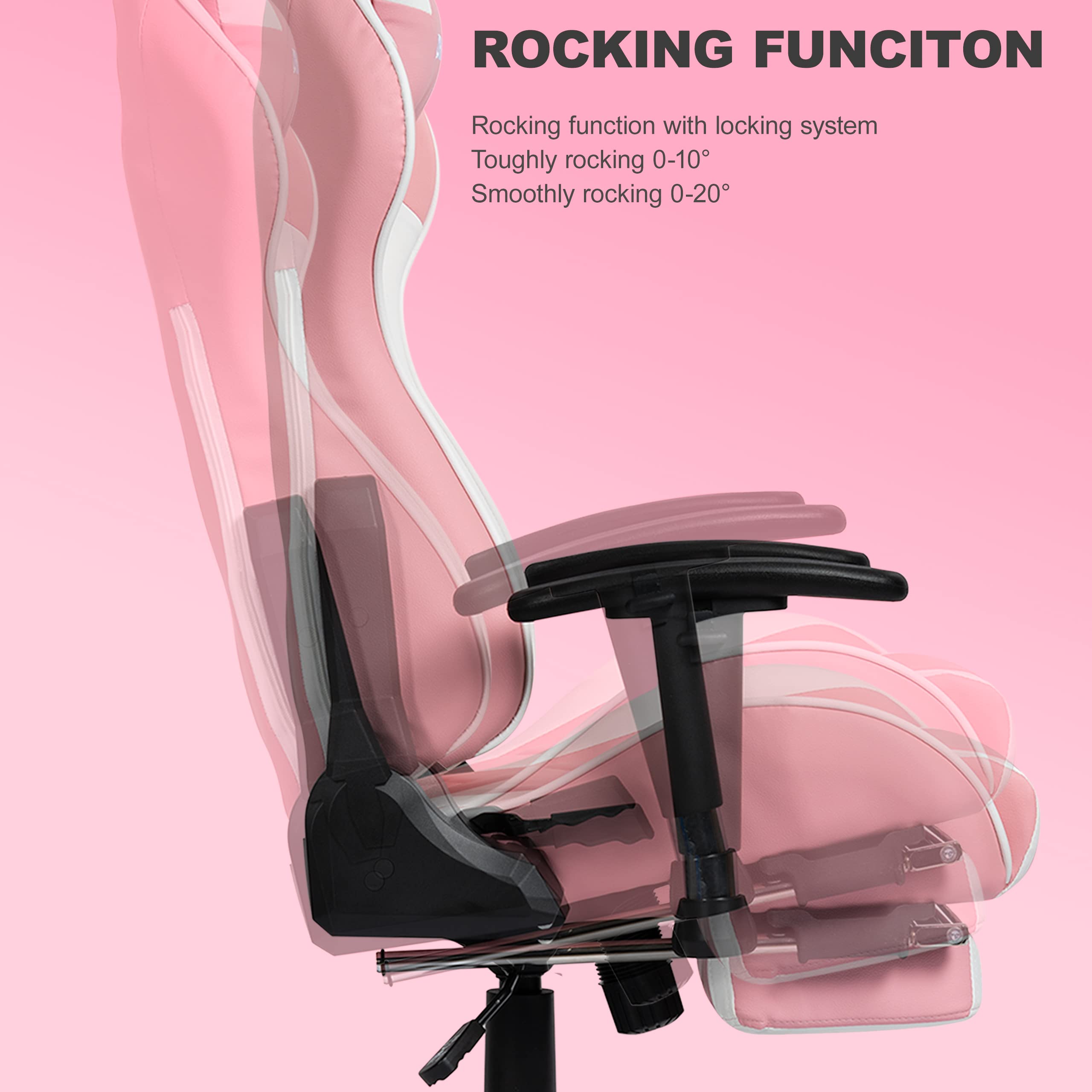 OHAHO Ergonomic Gaming Chair - Racing Style Office Chair with Adjustable Height, Lumbar Support & Massage, High Back Computer Desk Chair with Retractable Arms & Footrest for Home & Office Use (Pink/White) - Perfect for Gaming, Working & Relaxing