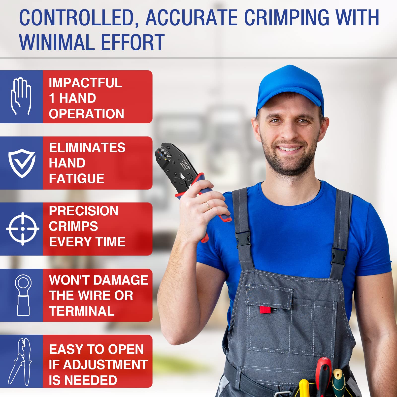 Professional TUBTAP Ratcheting Crimping Tool for Electrical Connectors [AWG 20-10] - Wire Crimper for Heat Shrink & Insulated Nylon Connectors (0.5-6.0mm²) - Perfect for Automotive, Marine, and Home Electrical Wiring Projects