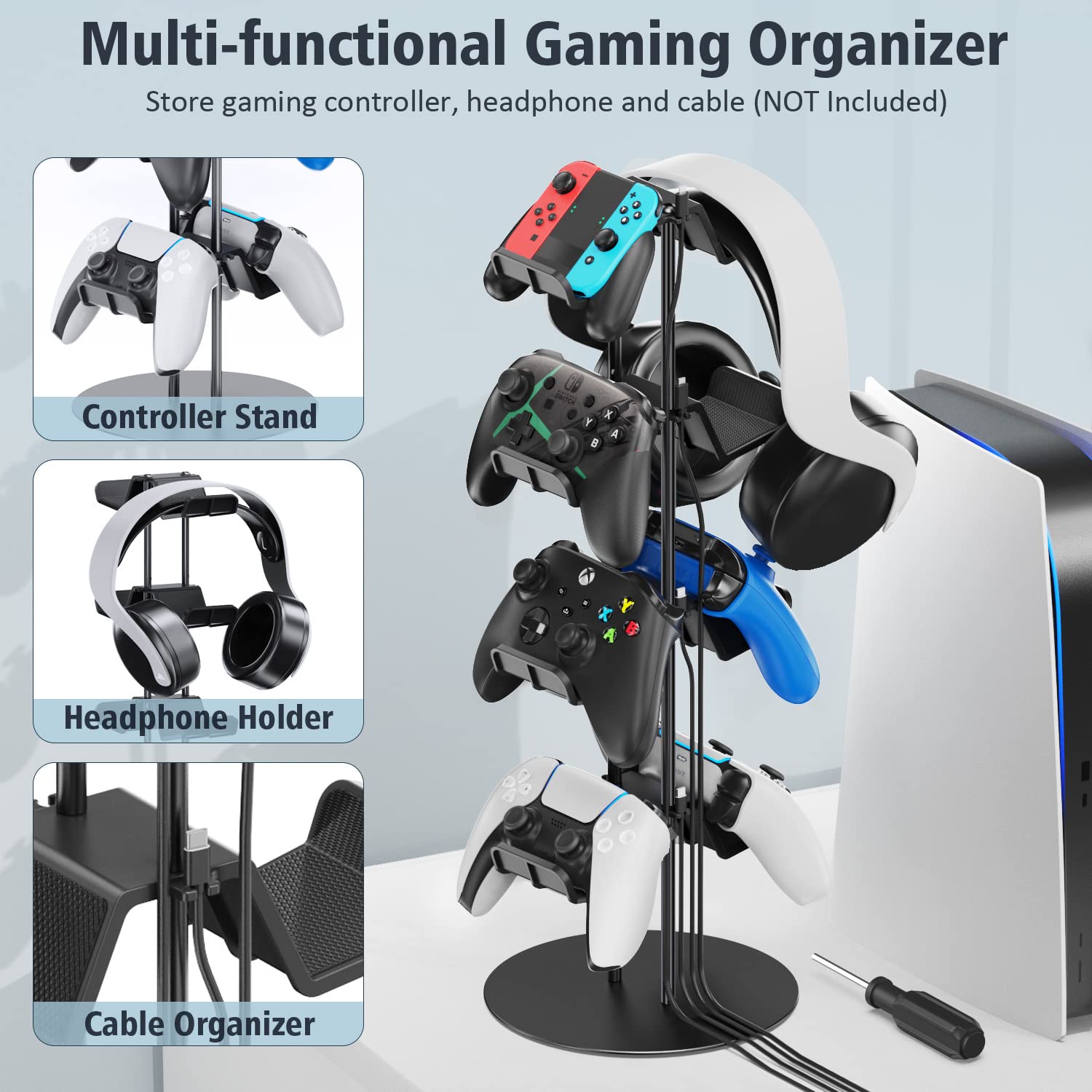Kytok 4-Tier Gaming Headset Stand with Cable Organizer - Universal Controller Holder for PS5, Xbox, Nintendo Switch, PS4 & PS Portal - Perfect Gaming Desk Accessory for Organized Game Room Setup