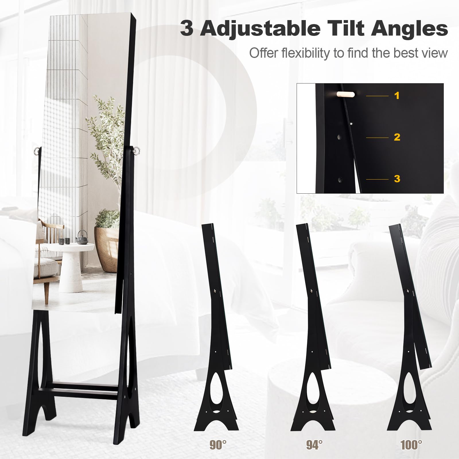 Giantex 12 LED Jewelry Armoire Cabinet with Frameless Full-length Mirror - Standing Jewelry Organizer with 16 Lipstick Holders, Large Storage Capacity & 3 Adjustable Angles (Black) | Perfect for Bedroom, Closet & Dressing Room Organization