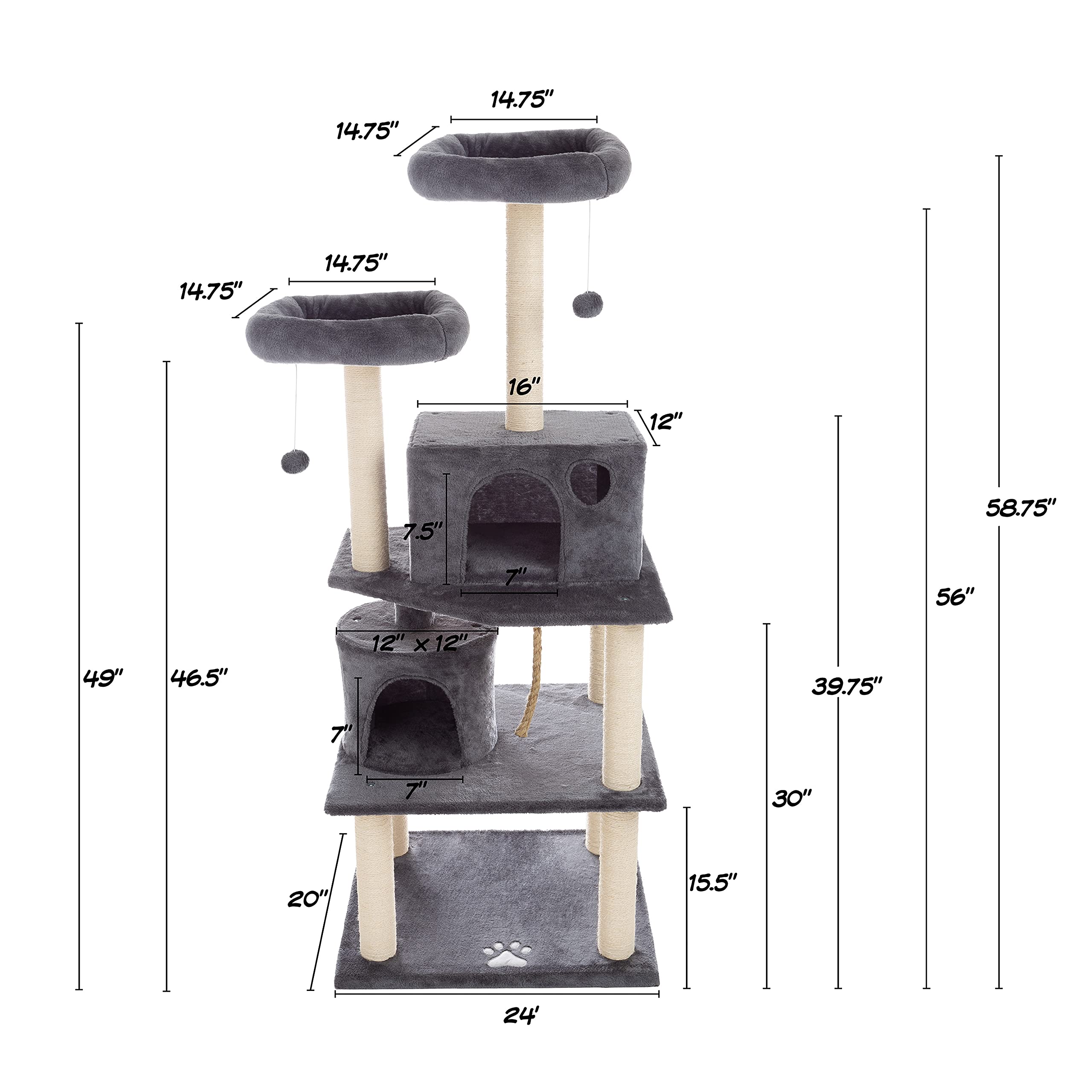 5-Tier Ultimate Cat Tree for Multiple Cats - 8 Scratching Posts, 2 Padded Perches, 2 Kitty Condos & 3 Hanging Toys - Large Sturdy Cat Tower with Hammock & Hideouts - Perfect for Indoor Cats Play, Climb & Nap (Dark Gray)