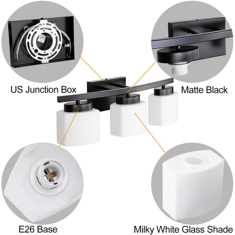 Modern Matte Black 3-Light Bathroom Vanity Fixture with Milky Glass Shade - 23 Inch Over Mirror Lighting for Bathroom - Perfect for Modern Home Decor & Spa-Like Ambiance