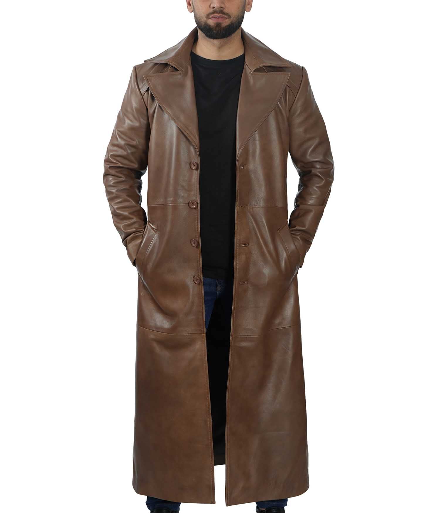 Genuine Lambskin Leather Trench Coat for Men - Full Length Peacoat Winter Jacket | Premium Real Leather Long Coat | Perfect for Formal Events, Business Meetings & Cold Weather Protection