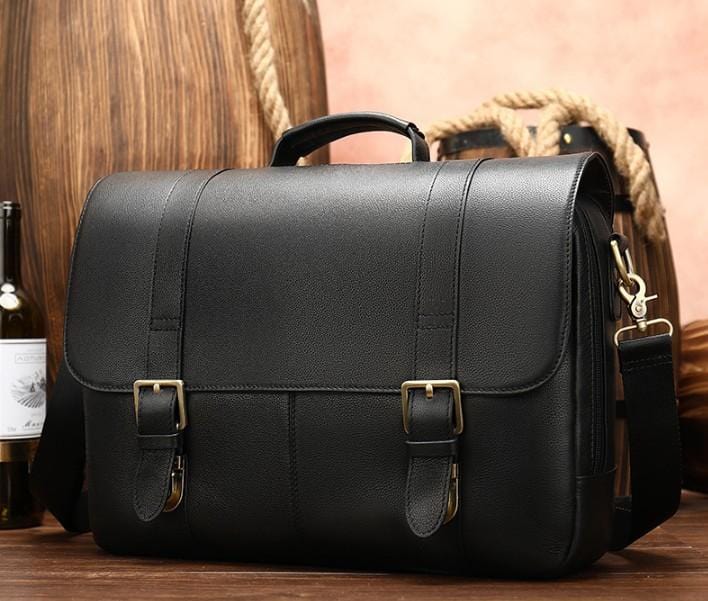 Premium Black Leather Messenger Bag for Men & Women - Stylish Shoulder Bag for Work, Travel & Daily Commute