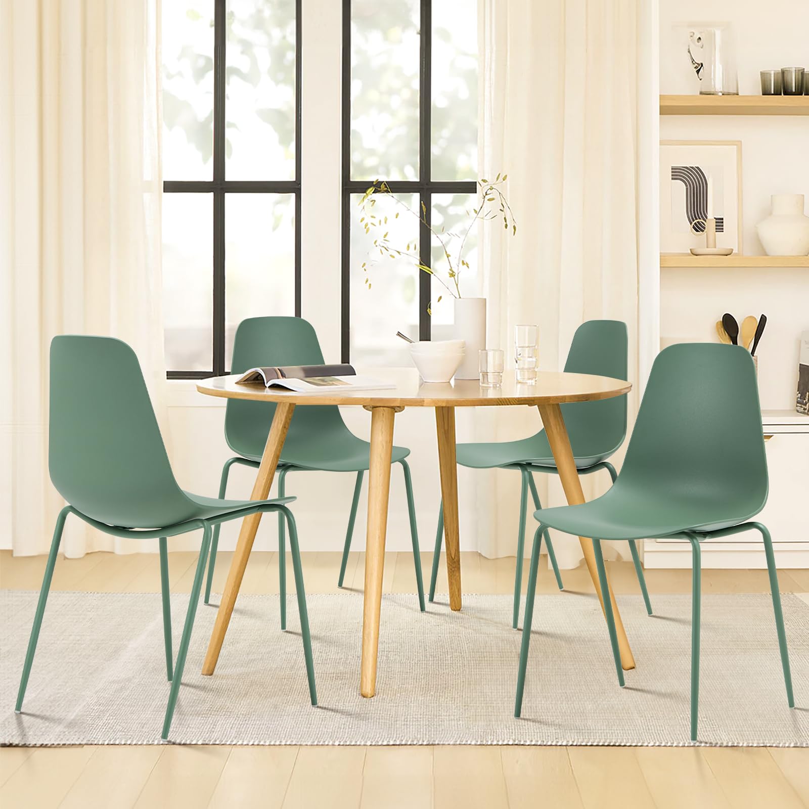COLAMY Modern Dining Chairs Set of 4 - Stackable Plastic Kitchen Chairs with Sturdy Metal Legs for Indoor & Outdoor Use - Light Green - Perfect for Home, Restaurant, Bistro, Cafe and Patio Decor