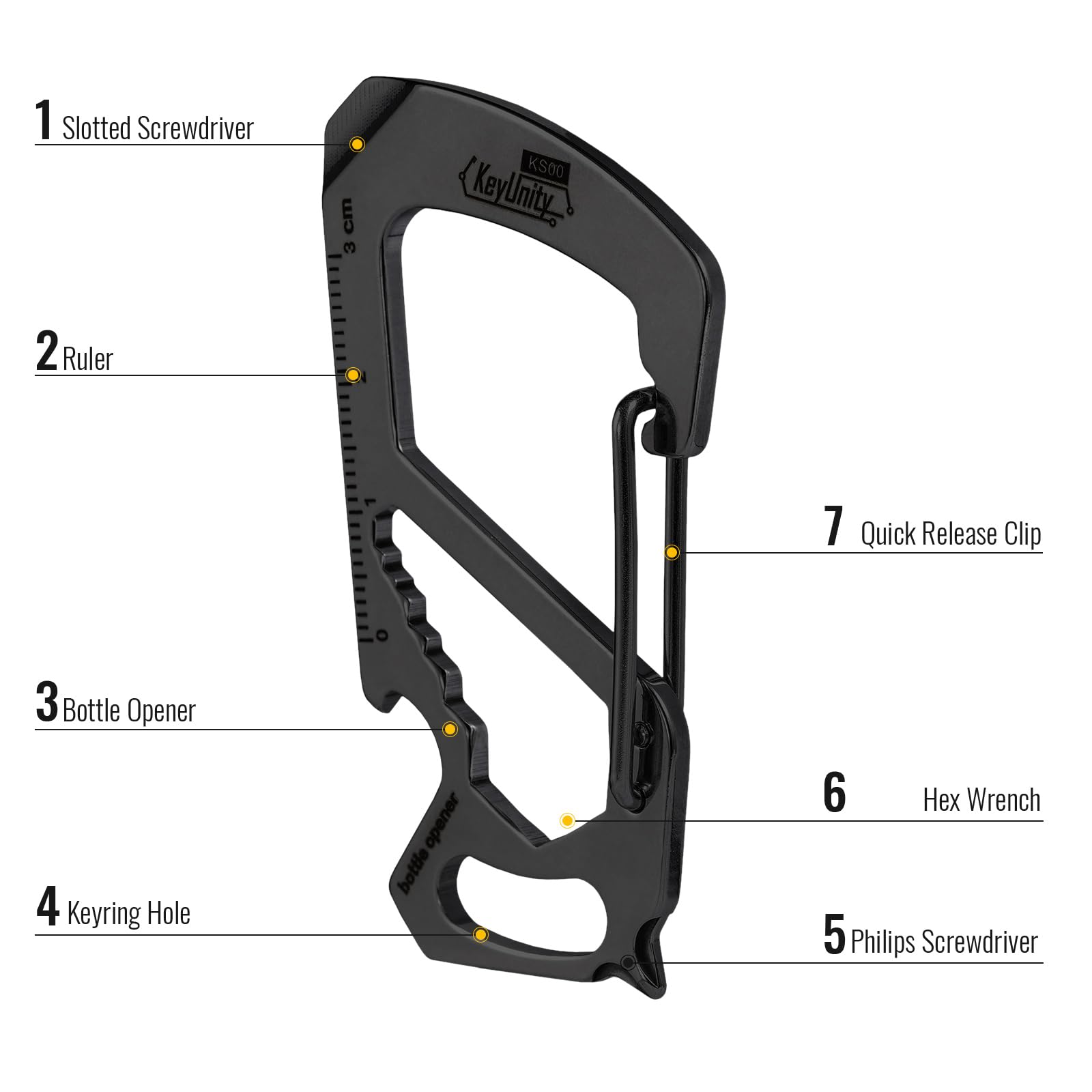 KeyUnity KS00BK 7-in-1 Stainless Steel Multitool Carabiner Clip - Includes Quick Release Clasp, Wrench, Cross/Slotted Screwdrivers, Bottle Opener, Ruler & Key Holder (PVD Black) - Perfect for Camping, Hiking, DIY Repairs & Everyday Carry