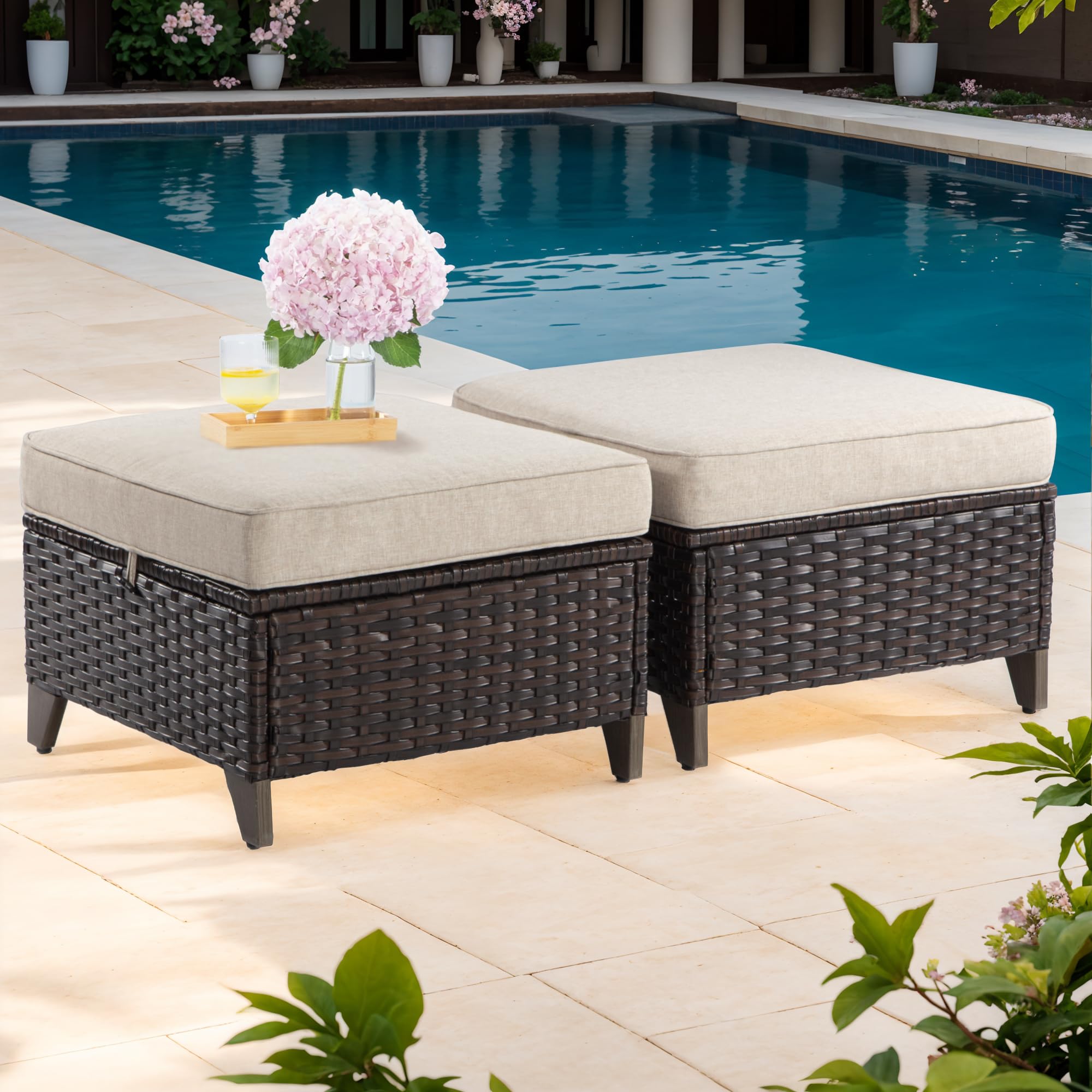 All-Weather Outdoor Rattan Ottoman Set of 2 - Waterproof Patio Footstools with Removable Cushions for Garden, Backyard, Porch (Brown/Beige) - Perfect for Poolside Lounging, Outdoor Entertaining & Relaxation
