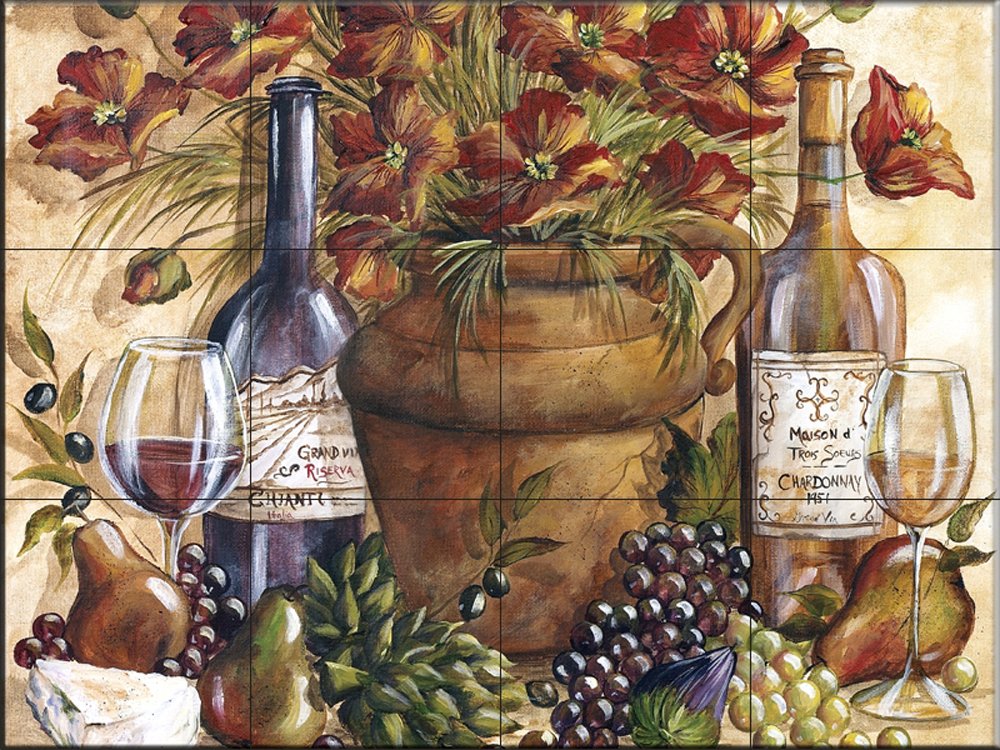Wine Themed Ceramic Backsplash Tile Mural - Papaveri Rossi Complete Kitchen Decor | Elegant Handmade Italian Tiles for Wine Cellar, Bar & Tuscan Style Kitchen Renovation