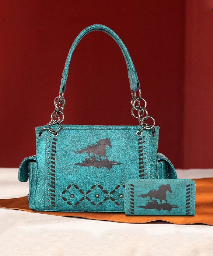 Montana West Whipstitch Horse Print Concealed Carry Handbag Set - Stylish CCW Purse for Women with Multiple Pockets | Perfect for Everyday Carry, Travel & Outdoor Activities