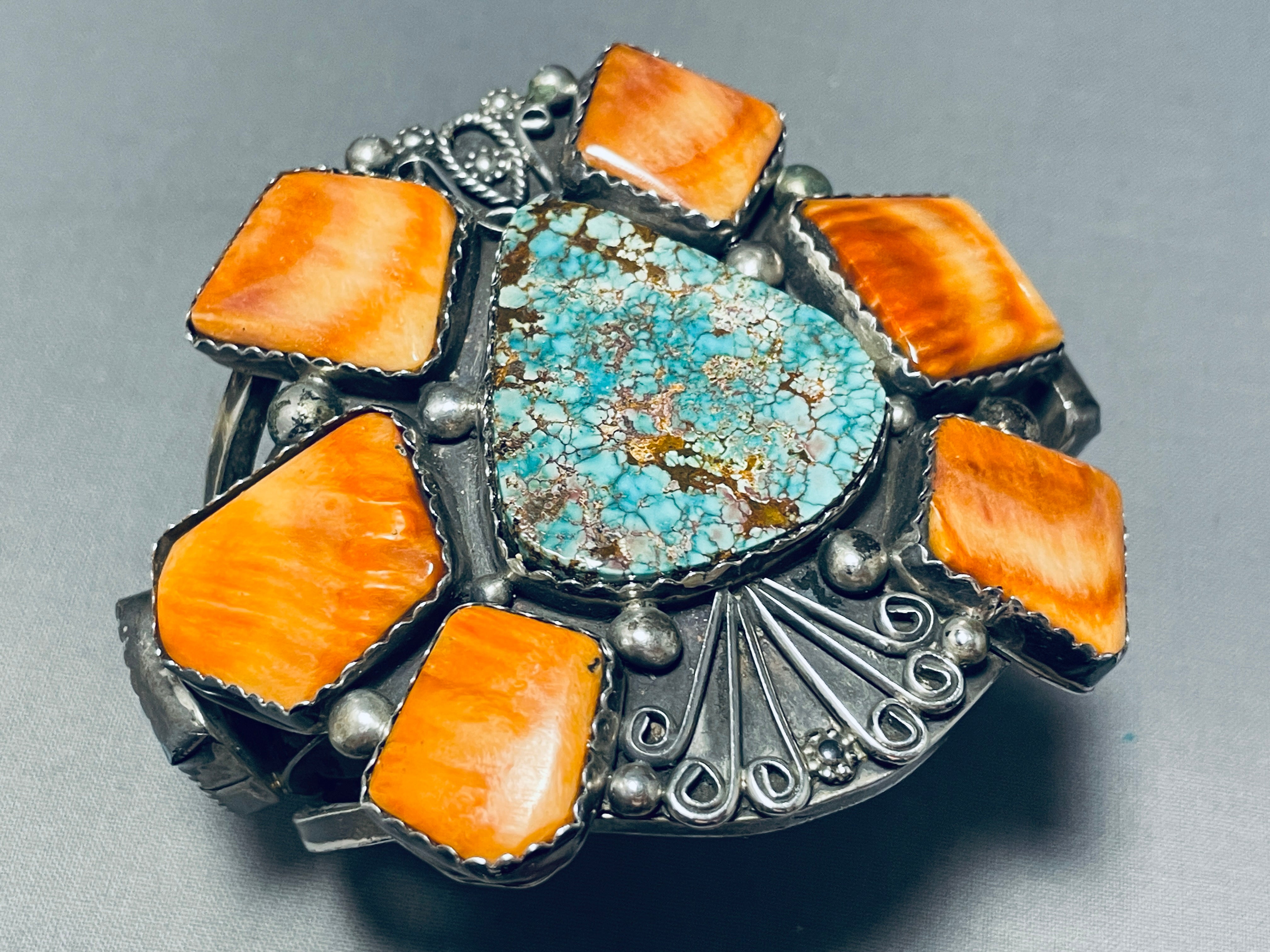 Vintage Navajo Sterling Silver Bracelet with Turquoise Shell Cluster – 144g Authentic Native American Jewelry for Women, Boho Fashion & Gift Ideas