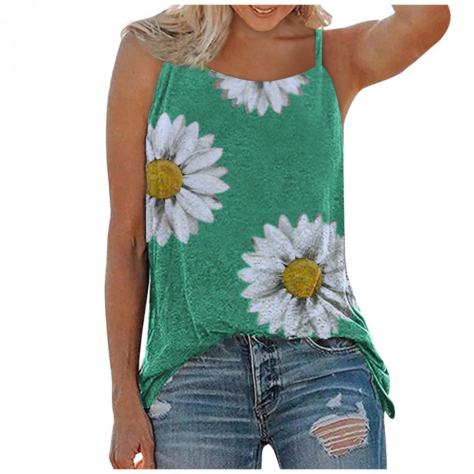Women's Summer Graphic Tank Tops - Loose Sleeveless Daisy Print T-Shirts, Casual Camisoles & Holiday Vest Tees for Beach, Vacation & Everyday Wear