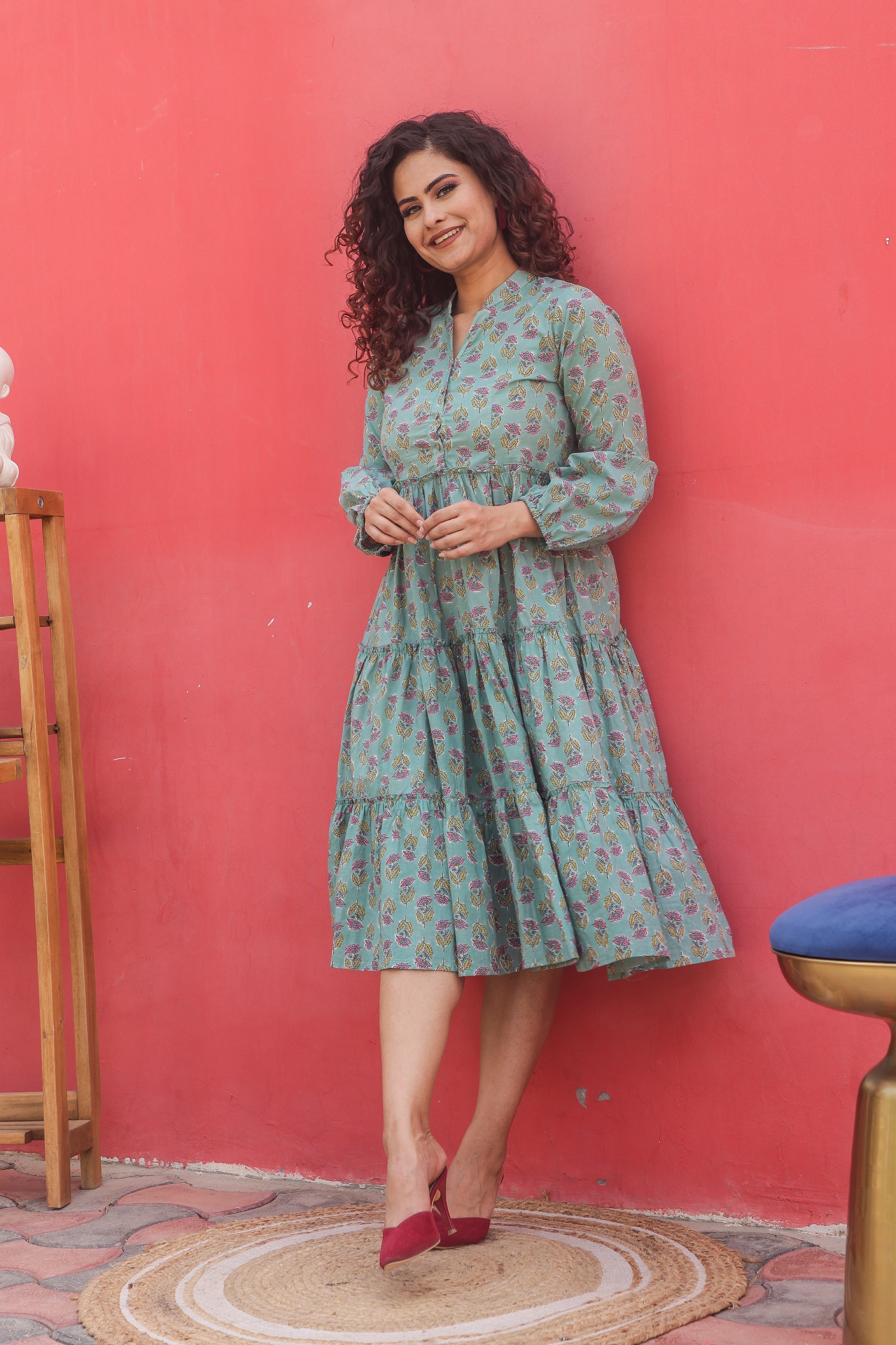 Stylish Teal Block Print Floral Cotton Maxi Dress for Women | Boho Summer Beach Dress | Perfect for Vacations, Parties & Casual Outings
