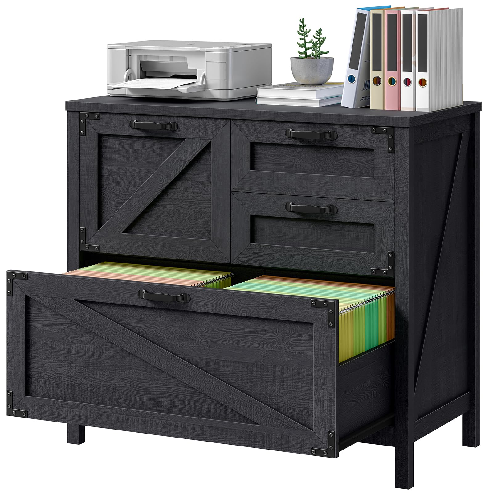4-Drawer Wood Lateral File Cabinet for Hanging Files - Letter/A4/Legal Size - Farmhouse Office Storage Cabinet with Printer Stand - Black - Perfect for Home Office, School, and Business Organization