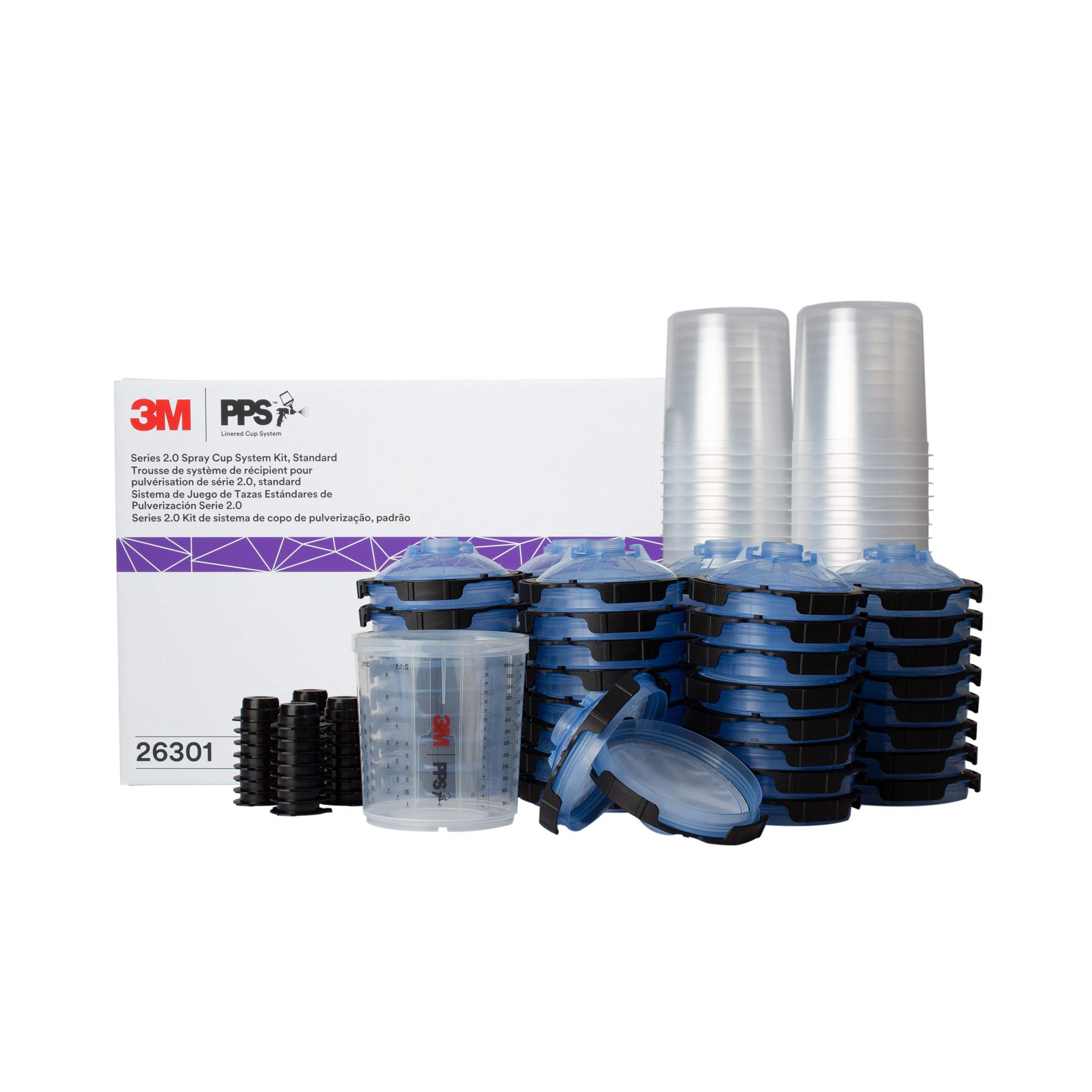 3M PPS 2.0 Spray Gun Cup System Kit - 22oz Paint Cup with 50 Disposable Lids & Liners, 125-Micron Filter & 32 Sealing Plugs (26301) - Professional Automotive, Furniture & Home Painting Accessories for Smooth Spray Finishing