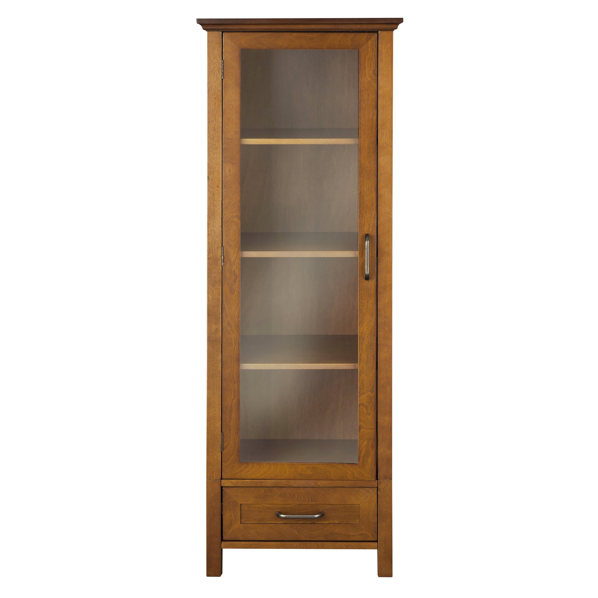 Teamson Home Avery Linen Tower - Tall Slim Narrow Wooden Bathroom Storage Cabinet with Glass Panel Door, 4 Tiered Shelves & 1 Drawer in Oil Oak Finish | Space-Saving Organizer for Bathroom Essentials, Towels & Toiletries