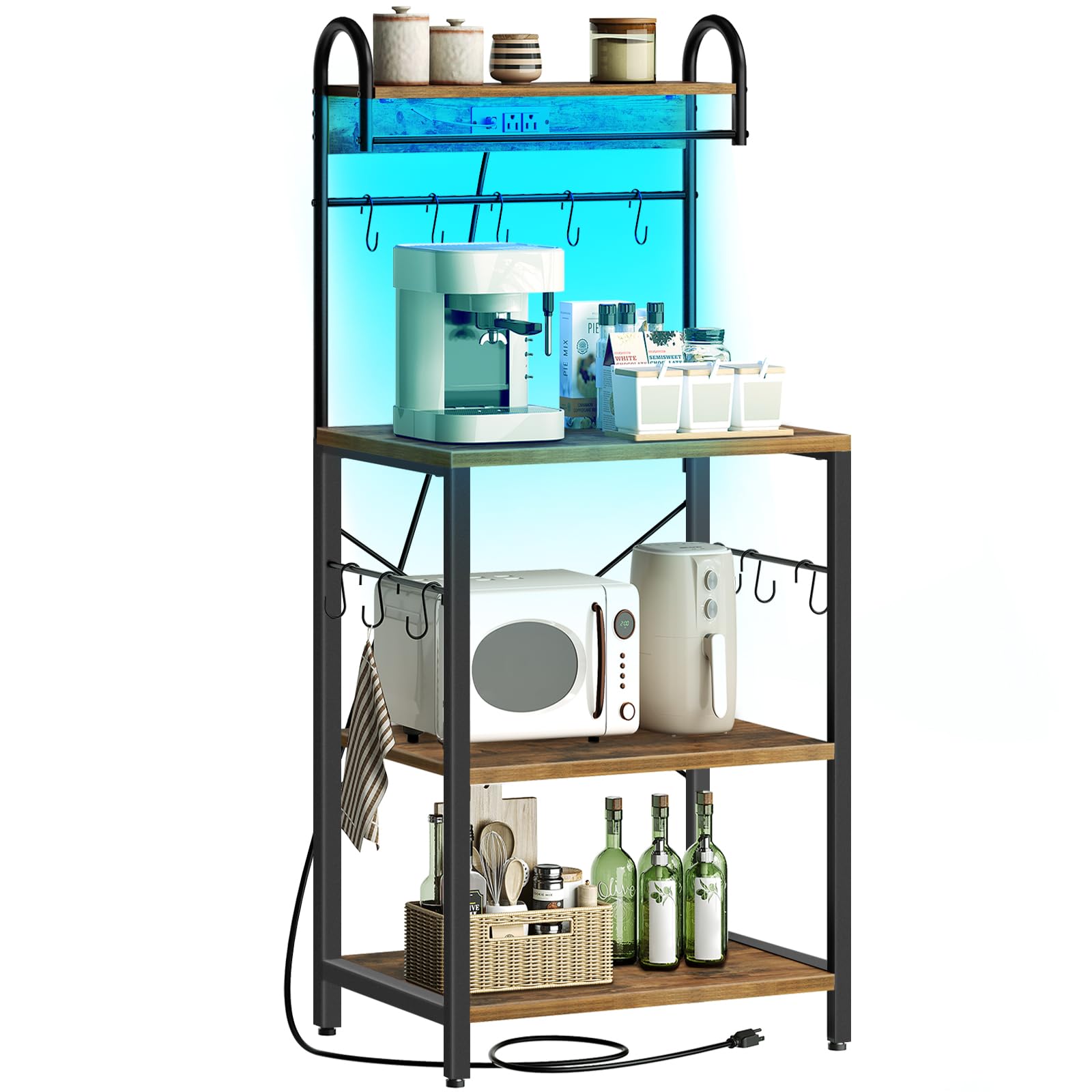 4-Tier Bakers Rack with Power Outlets & LED Lights - Microwave Stand, Coffee Bar Station & Kitchen Storage Shelf - Rustic Brown Kitchen Organizer with S-Hooks for Pots, Pans & Spices - Perfect for Small Kitchens, Apartments & Coffee Stations