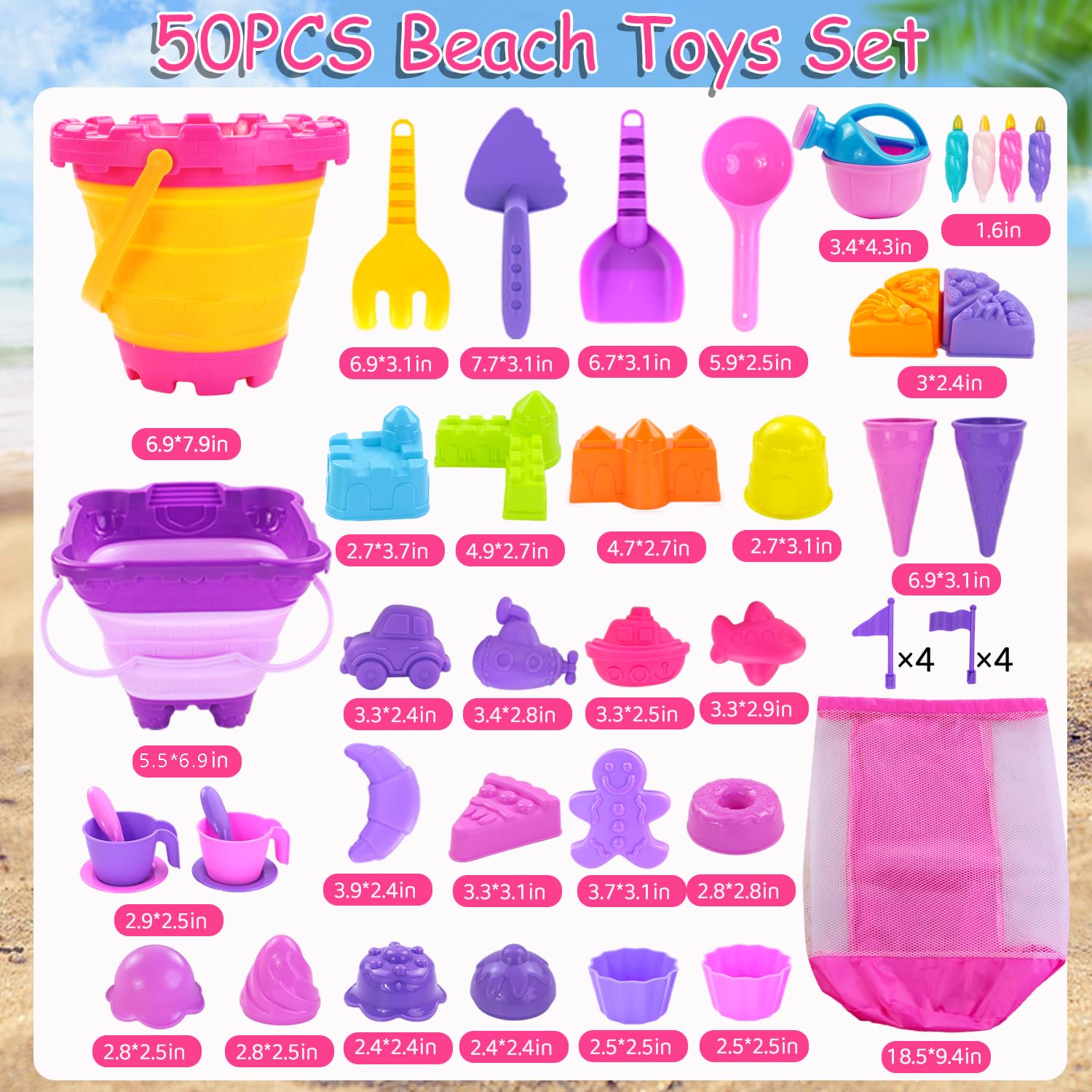 50Pcs Beach Sand Toys Set with 2 Collapsible Buckets, Mesh Backpack, Shovels & Sand Molds (Castle, Ice Cream, Cake) - Outdoor Travel Sandbox Toys for Kids Toddlers Girls - Perfect for Beach Trips, Backyard Play & Summer Activities