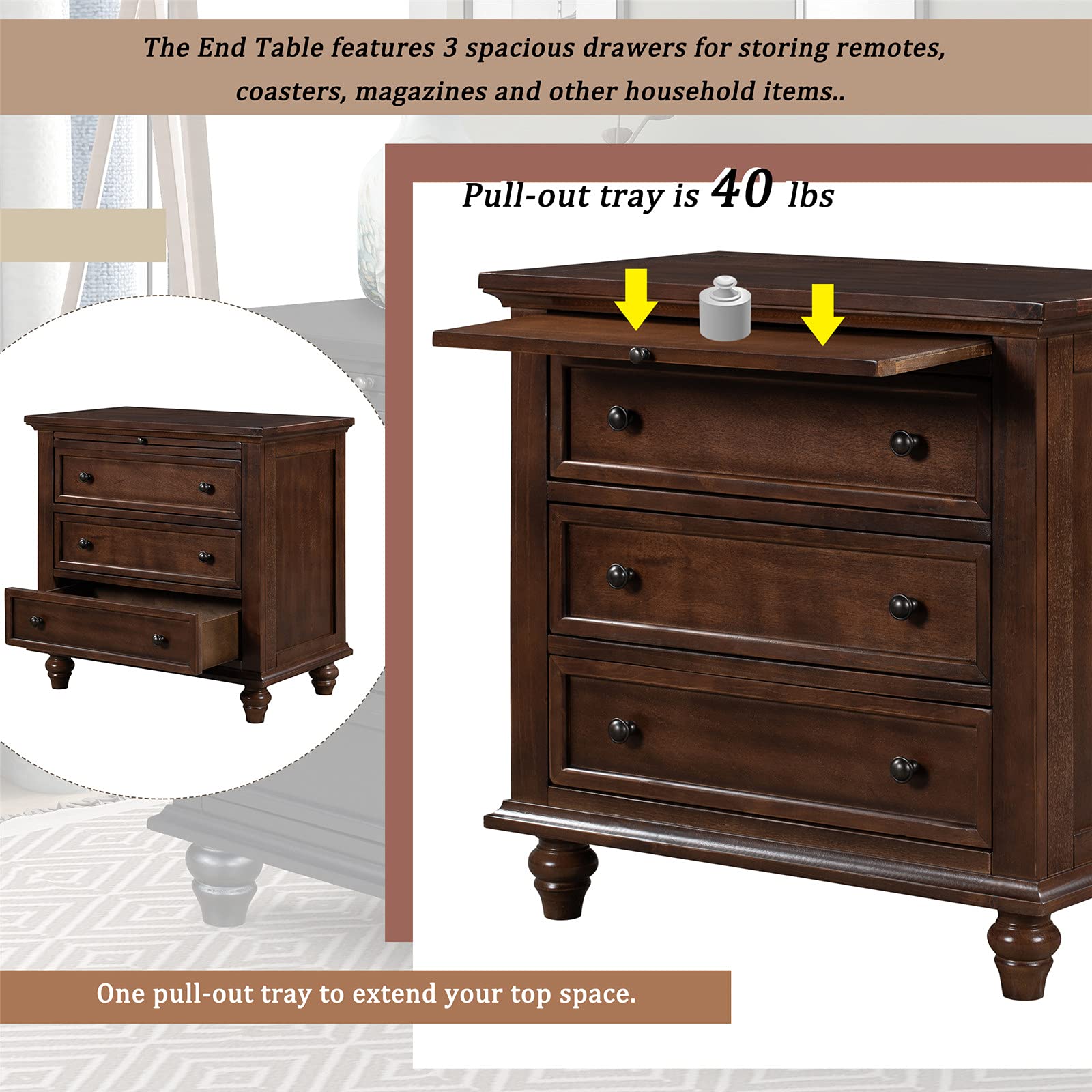 Henf 3-Drawer Wood Storage Cabinet - Nightstand with Pull-Out Tray, Bedside Table & End Table for Bedroom & Living Room - Fully Assembled Brown Furniture (Perfect for Small Spaces, Dorm Rooms & Apartment Decor)