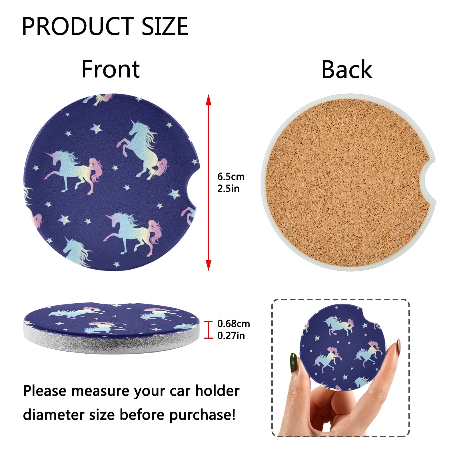 2 Pack Magic Unicorn Ceramic Car Coasters for Drinks - Absorbent Cup Holder Coasters with Fingertip Grip (2.5 Inch) - Perfect for Cars, Trucks, SUVs & Road Trips - Prevents Spills & Protects Surfaces