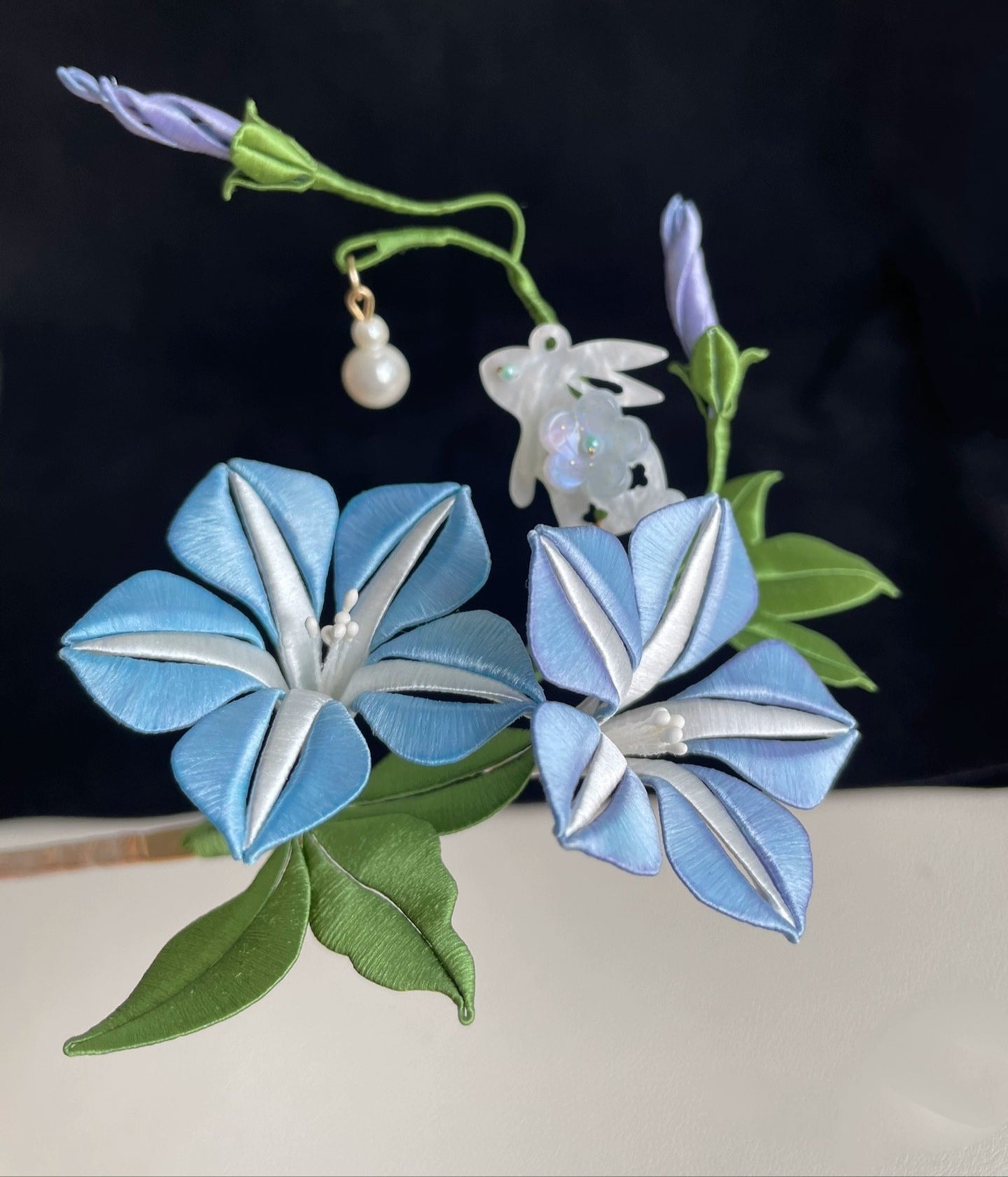 Exquisite Handmade Silk Hairpin with Flowers and Rabbit Design - Elegant Hair Accessory for Weddings, Parties & Daily Wear