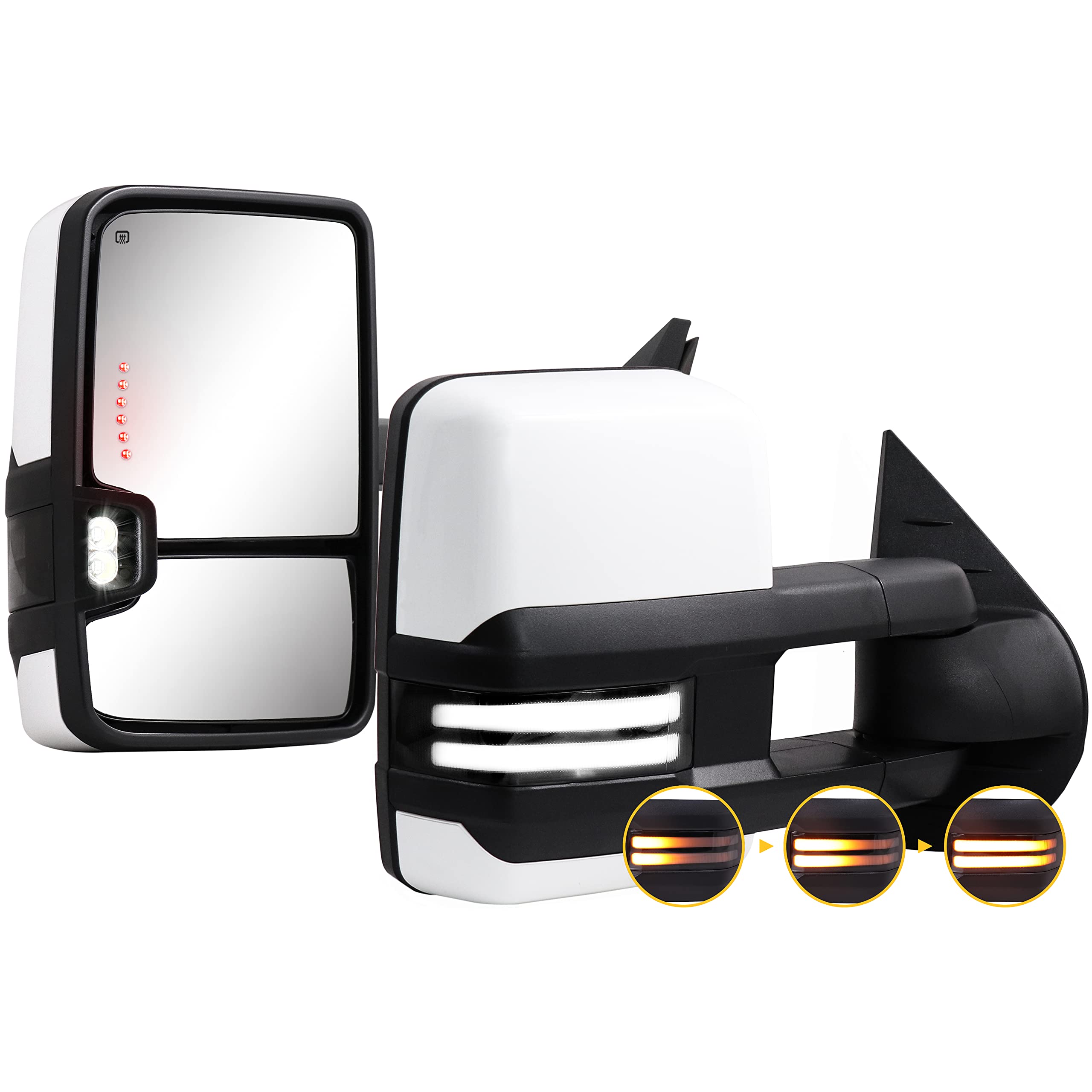 Sanooer Painted White Towing Mirrors with Switchback Dynamic Turn Signal Lights - Compatible with 2007-2013 Chevy Silverado, Suburban, Tahoe & GMC Sierra, Yukon - Power Adjustable, Heated Glass, Running Lights & Backup Lamps - Perfect for Towing, Off-Roading & Night Driving