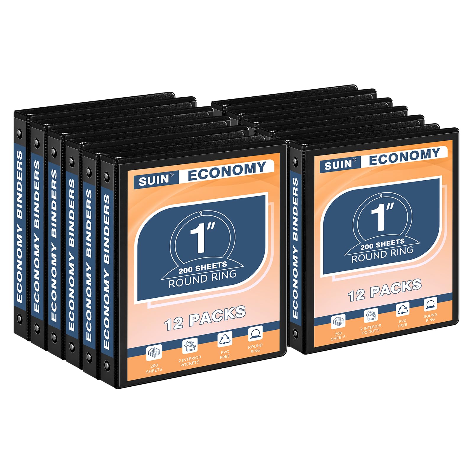 SUIN Economy 1-Inch 3-Ring Binder with Round Rings - Customizable Clear View Cover - 12 Pack Black Binders for Office, School & Home Organization - Perfect for Reports, Presentations & Document Storage