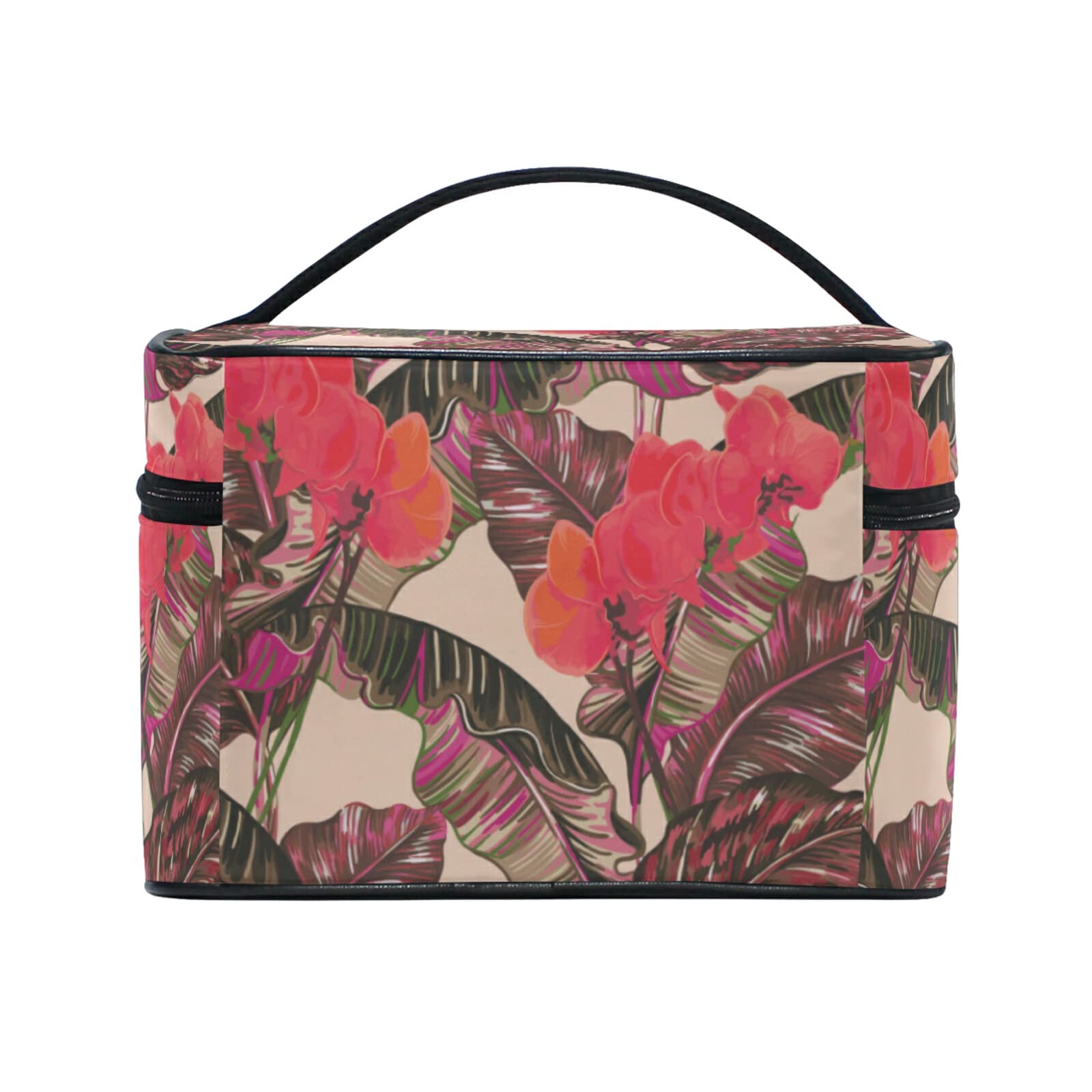 Pink Leaf Floral Cosmetic Bag for Women - Waterproof Makeup Organizer with Zipper - Perfect for Travel, Gym, and Daily Essentials Storage