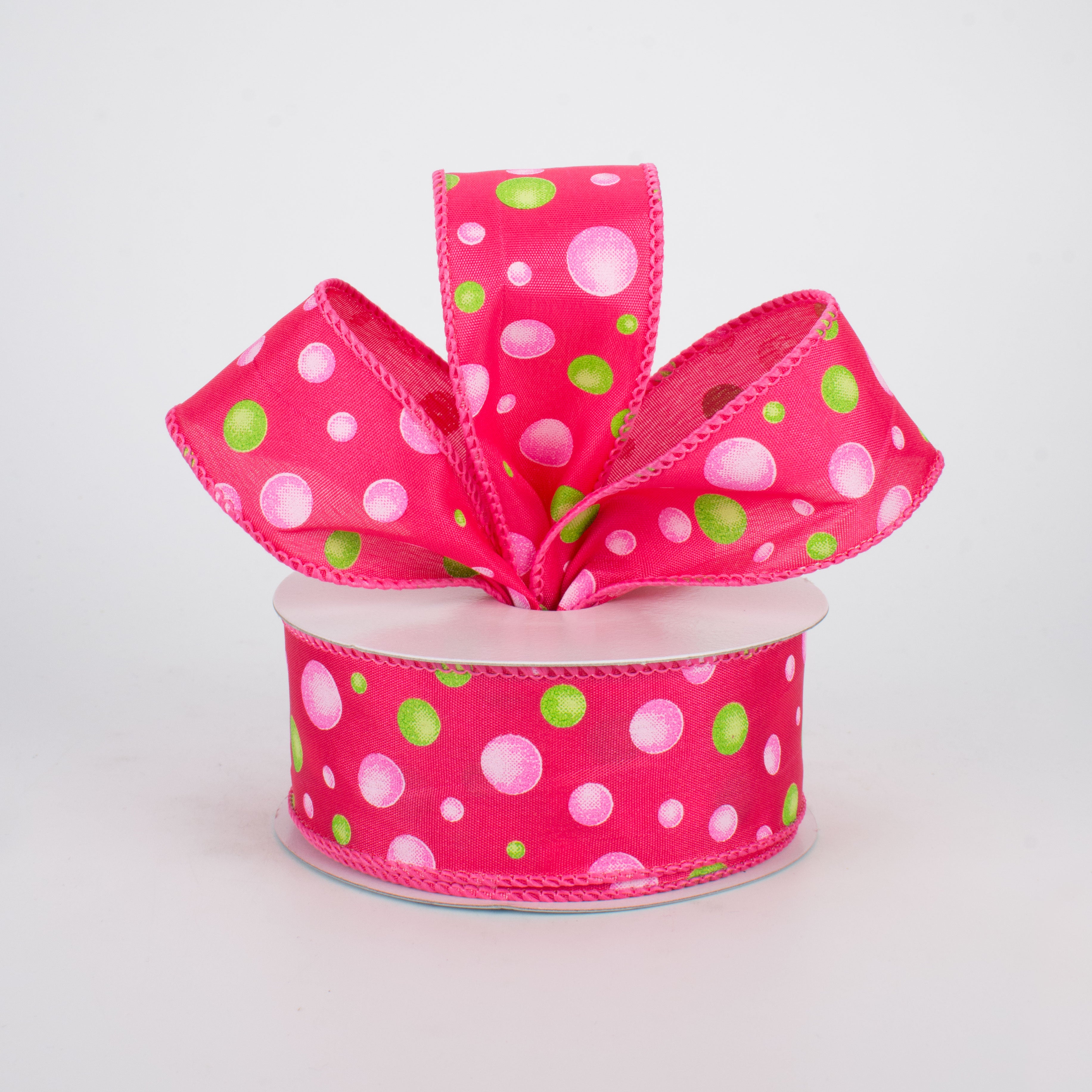 1.5 Inch Pink & Green Polka Dot Ribbon - Hot Pink Grosgrain Ribbon (10 Yards) for Gift Wrapping, DIY Crafts, and Party Decorations