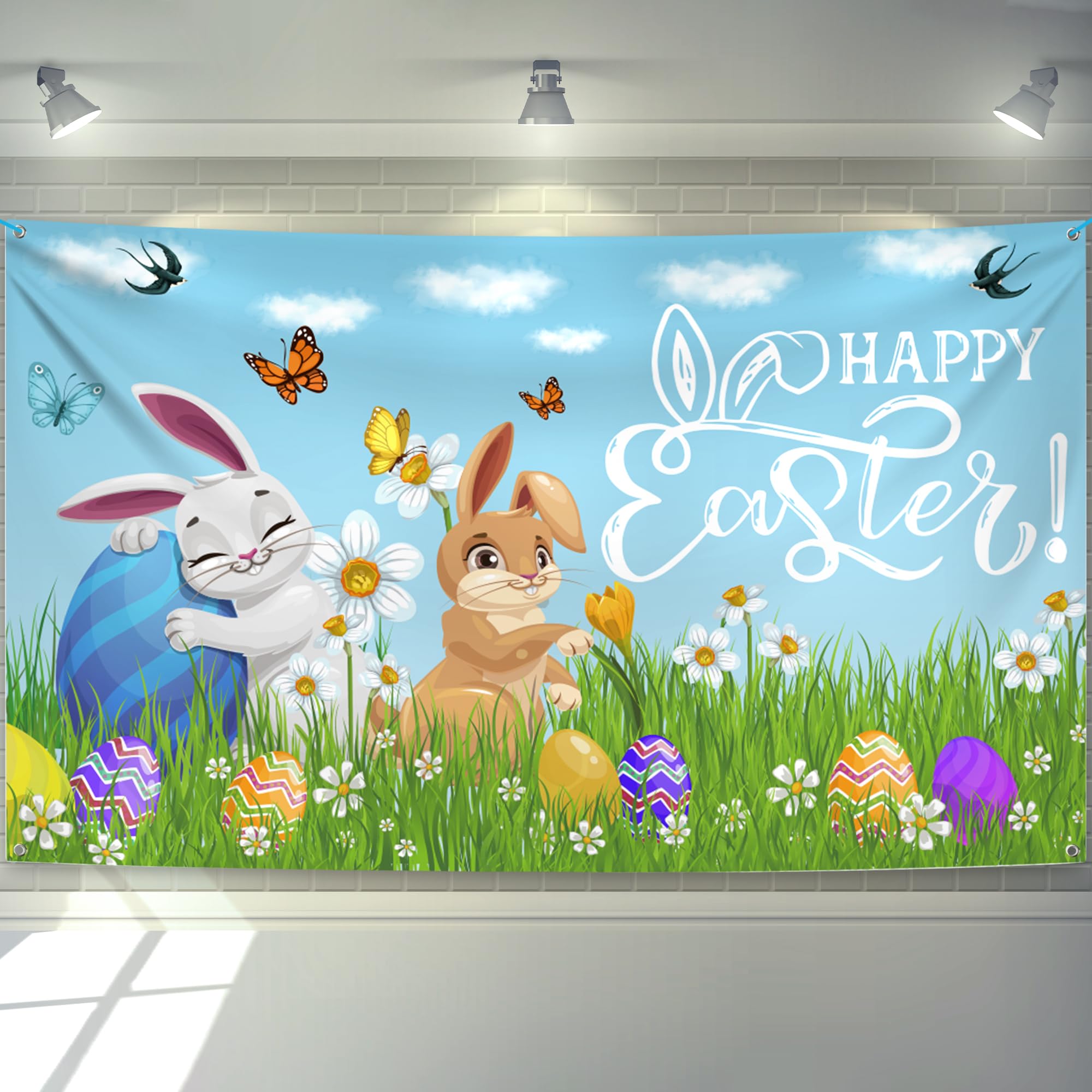 KatchOn Extra Large 72x44 Inch Happy Easter Banner Decorations - Outdoor Easter Party Backdrop, Photography Background & Wall Decor for Easter Celebrations, Church Events & Spring Festivals