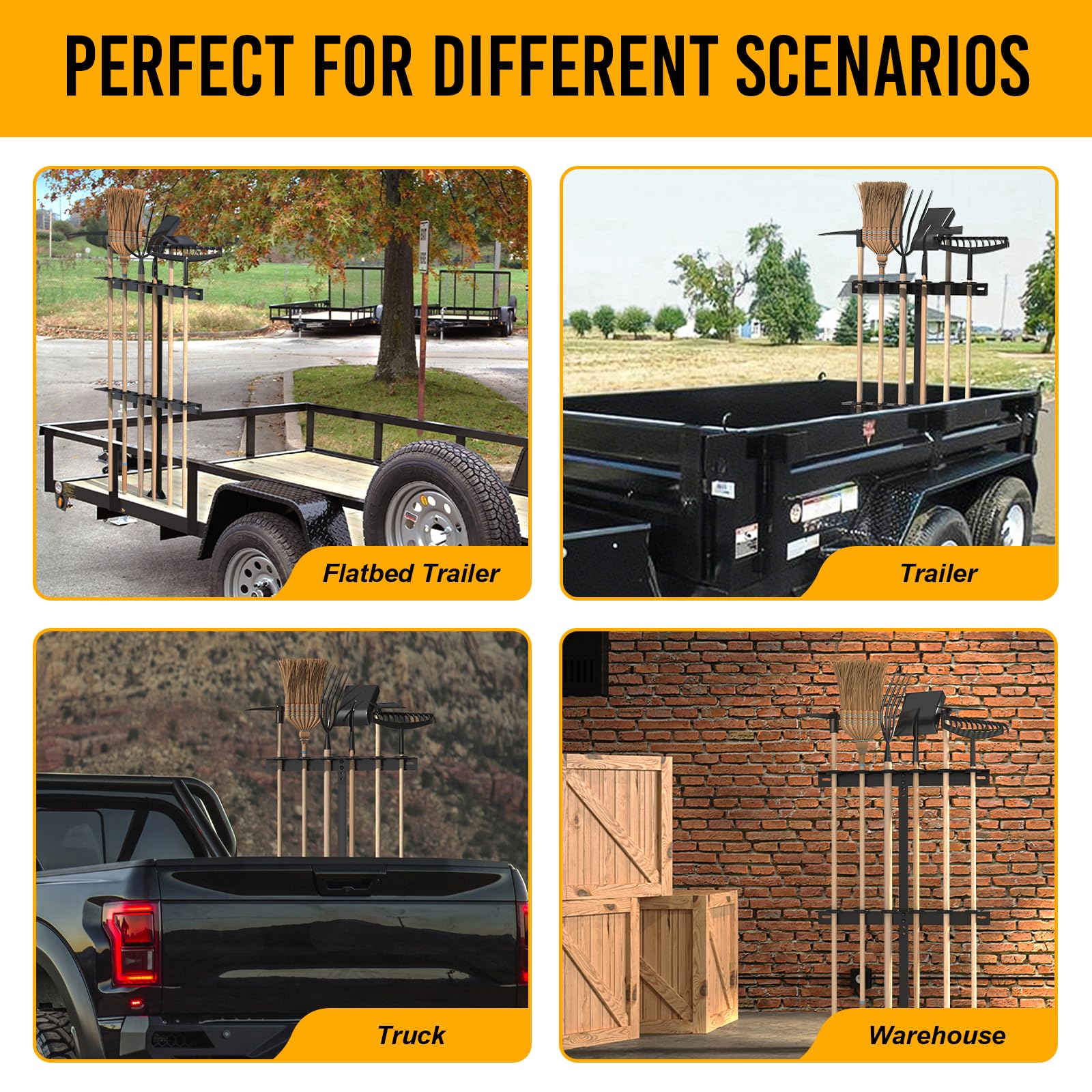 Fumingpal Truck Shovel Holder - Heavy Duty Hand Tool Rack with 6 Tool Slots for Open Trailers & Garage Organization | Includes Rubber Grommets & Mounting Hardware | Perfect for Shovels, Rakes, Hoes | Ideal for Farm Work, Landscaping & Construction Sites