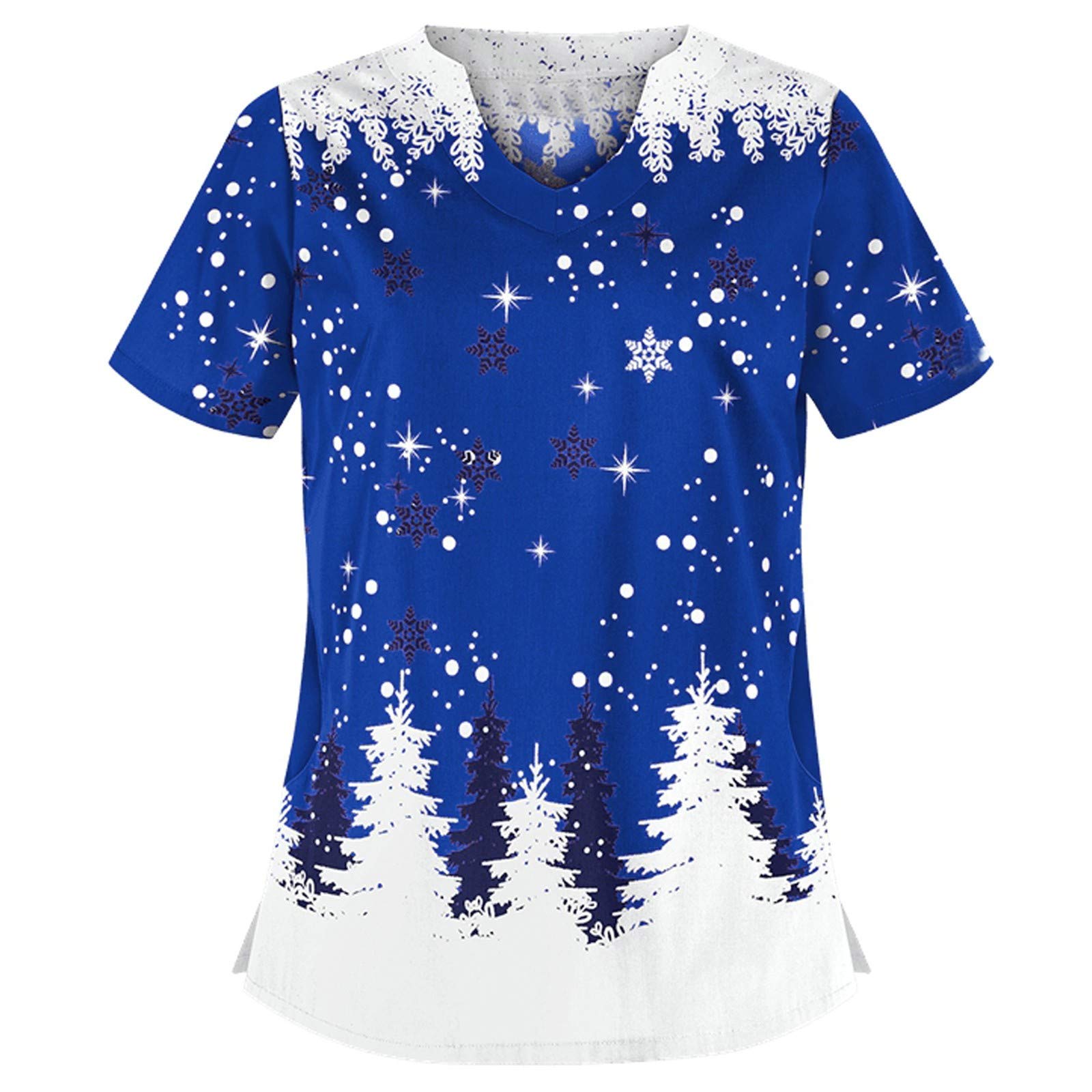 Women's Christmas Print Scrub Top - Short Sleeve V-Neck Cartoon Work Uniform Blouse for Nurses & Healthcare Professionals (Plus Size Available) - Perfect for Holiday Shifts, Hospital Work & Medical Professionals