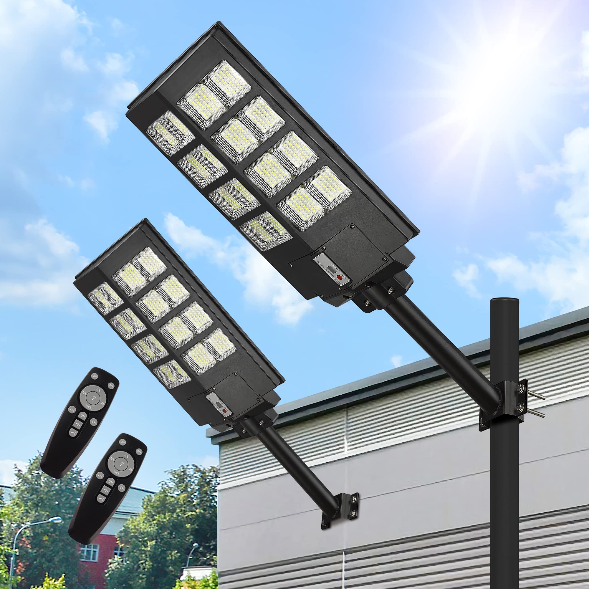 Lovus 2-Pack LED Solar Street Lights Outdoor - 4000W 400000LM Commercial Flood Security Lights with Motion Sensor & Dusk-to-Dawn, Solar Powered for Parking Lots, Garages, Driveways, and Backyards
