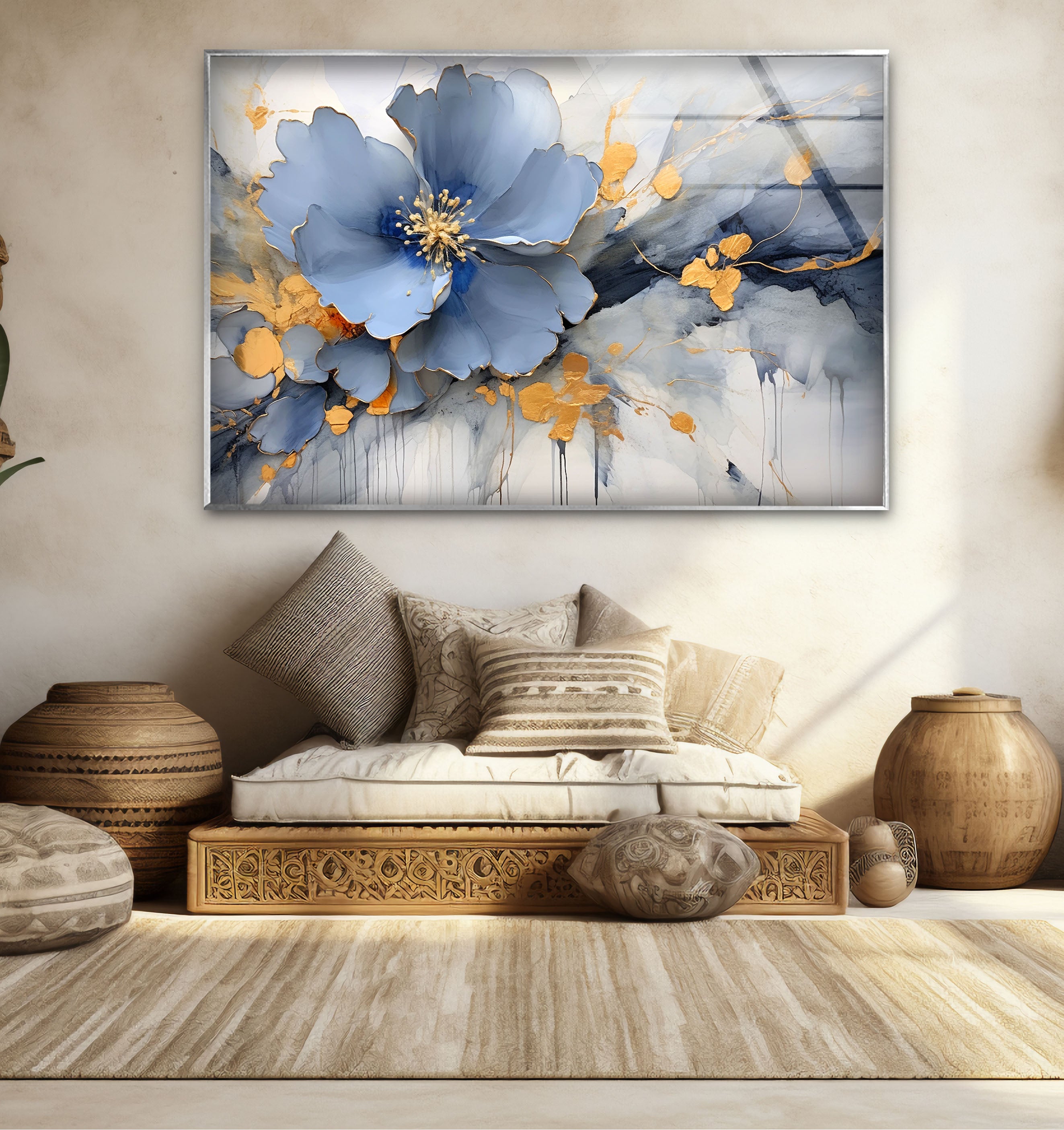 Blue Gold Blossom Wall Art - Elegant Floral Glass Print for Home Décor | Modern Botanical Painting for Living Room, Bedroom & Office | Perfect Housewarming Gift