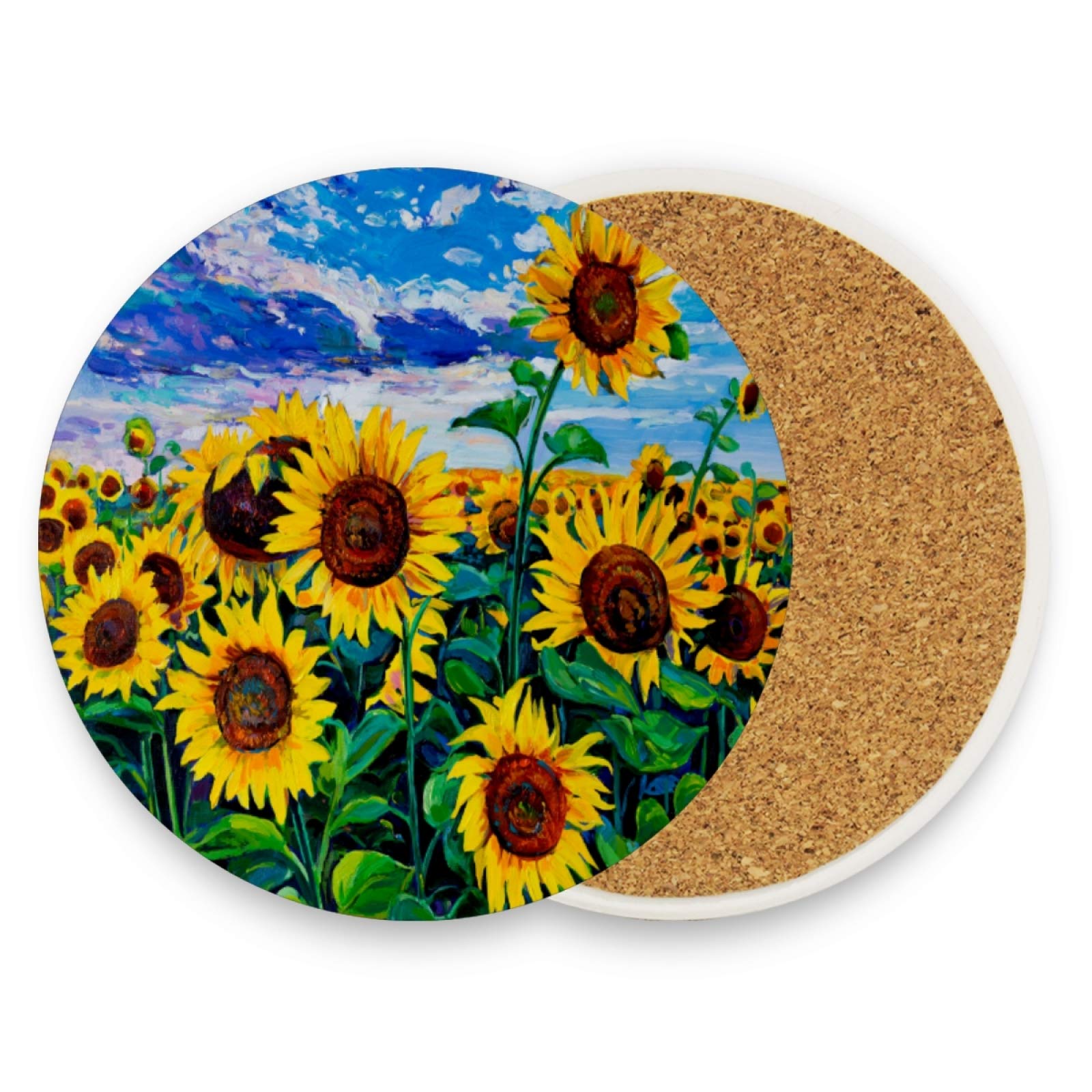 Qilmy Sunflower Ceramic Drink Coasters Set of 2 - Absorbent Stone Coasters with Cork Base for Mugs, Cups & Glasses - Perfect for Coffee Tables, Kitchen Countertops & Office Desks