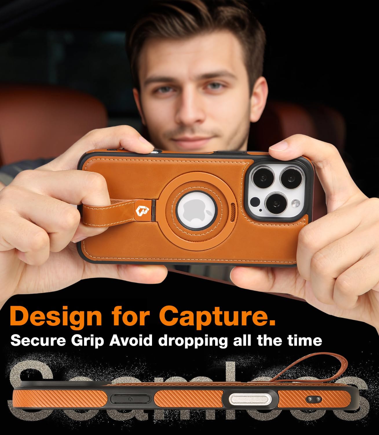 Magnetic Leather Case for iPhone 16 Pro Max with Screen Protector | Compatible with MagSafe | Built-in Kickstand & Grip Loop | Protective Cover for Men & Women (Brown) | Perfect for Work, Travel & Daily Use
