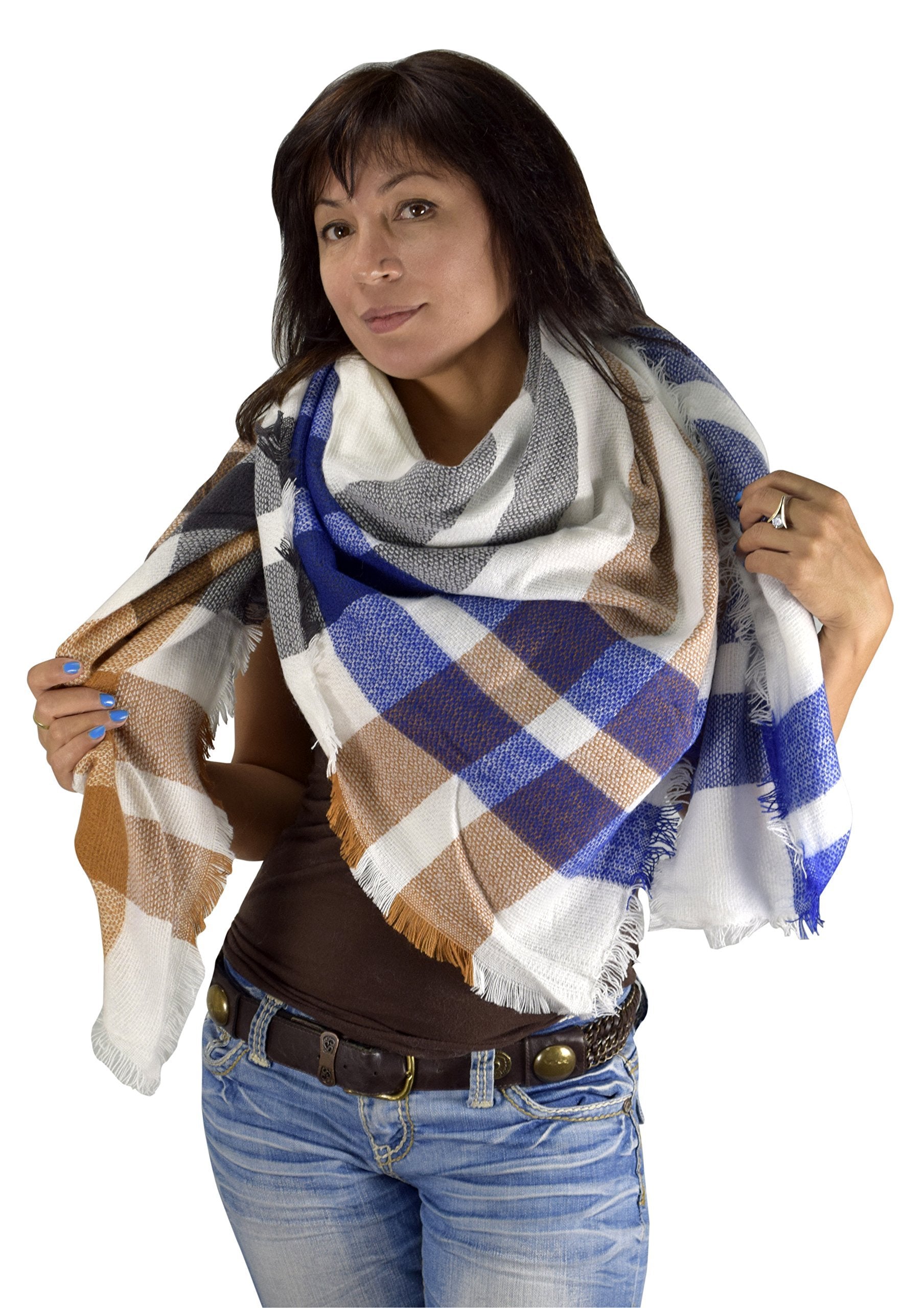 Cozy Tartan Plaid Woven Oversized Scarf Blanket Shawl Wrap - Blue & Tan Checkered - Perfect for Winter Fashion, Outdoor Activities and Home Decor