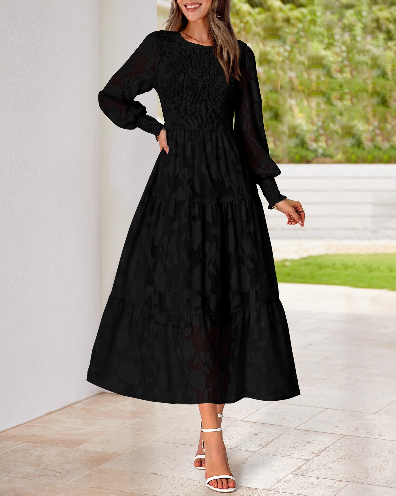 BTFBM Women's Elegant Floral Midi Dress - Long Sleeve Bohemian Wedding Guest Dress for Spring 2025 | Perfect for Garden Parties, Bridal Showers & Formal Events