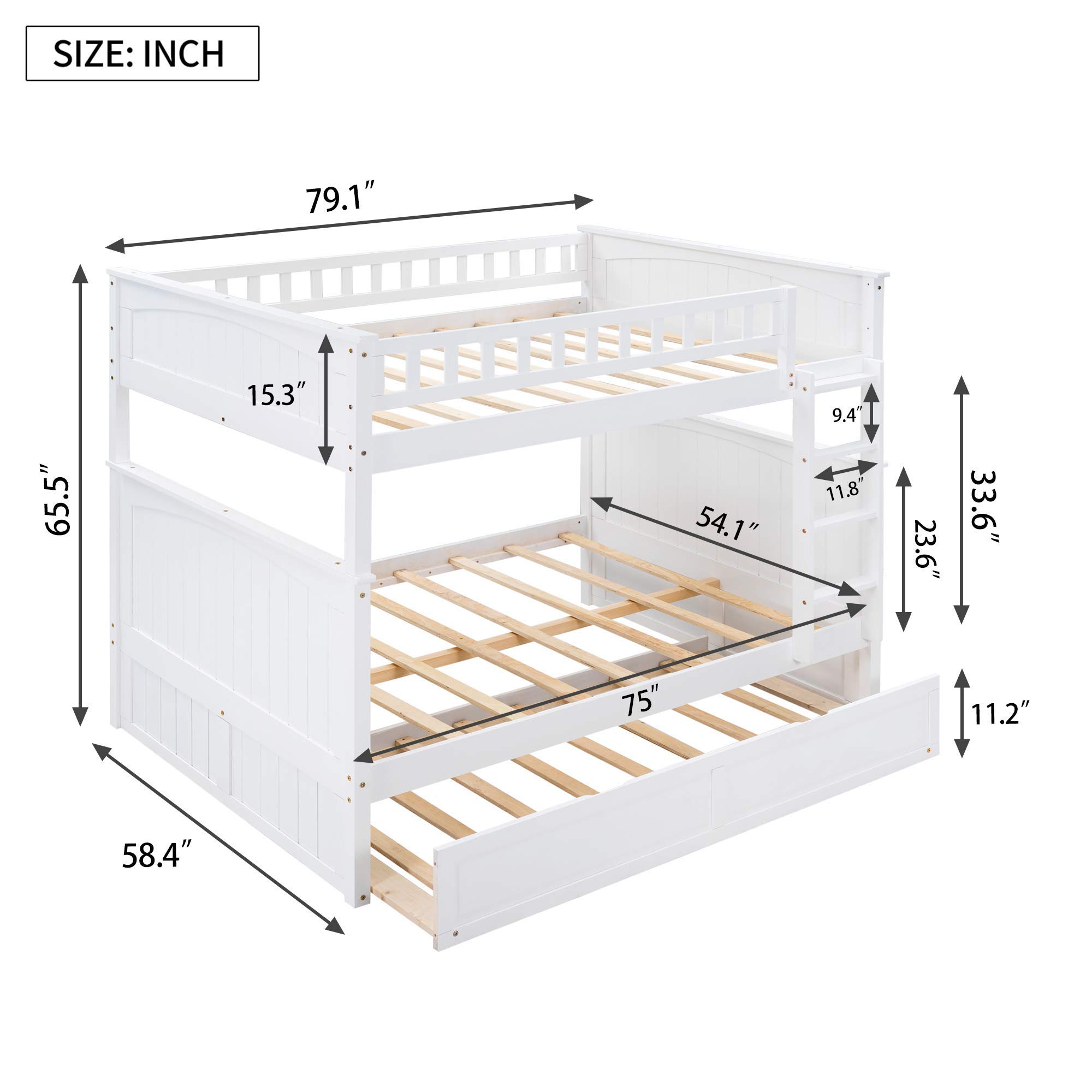 JULYFOX White Full Over Full Bunk Bed Frame with Twin Trundle - Solid Hardwood Platform Bed with Ladder, No Box Spring Needed - Space Saving Bunk Bed for Kids, Teens & Small Rooms - Perfect for Dormitories, Guest Rooms & Vacation Homes