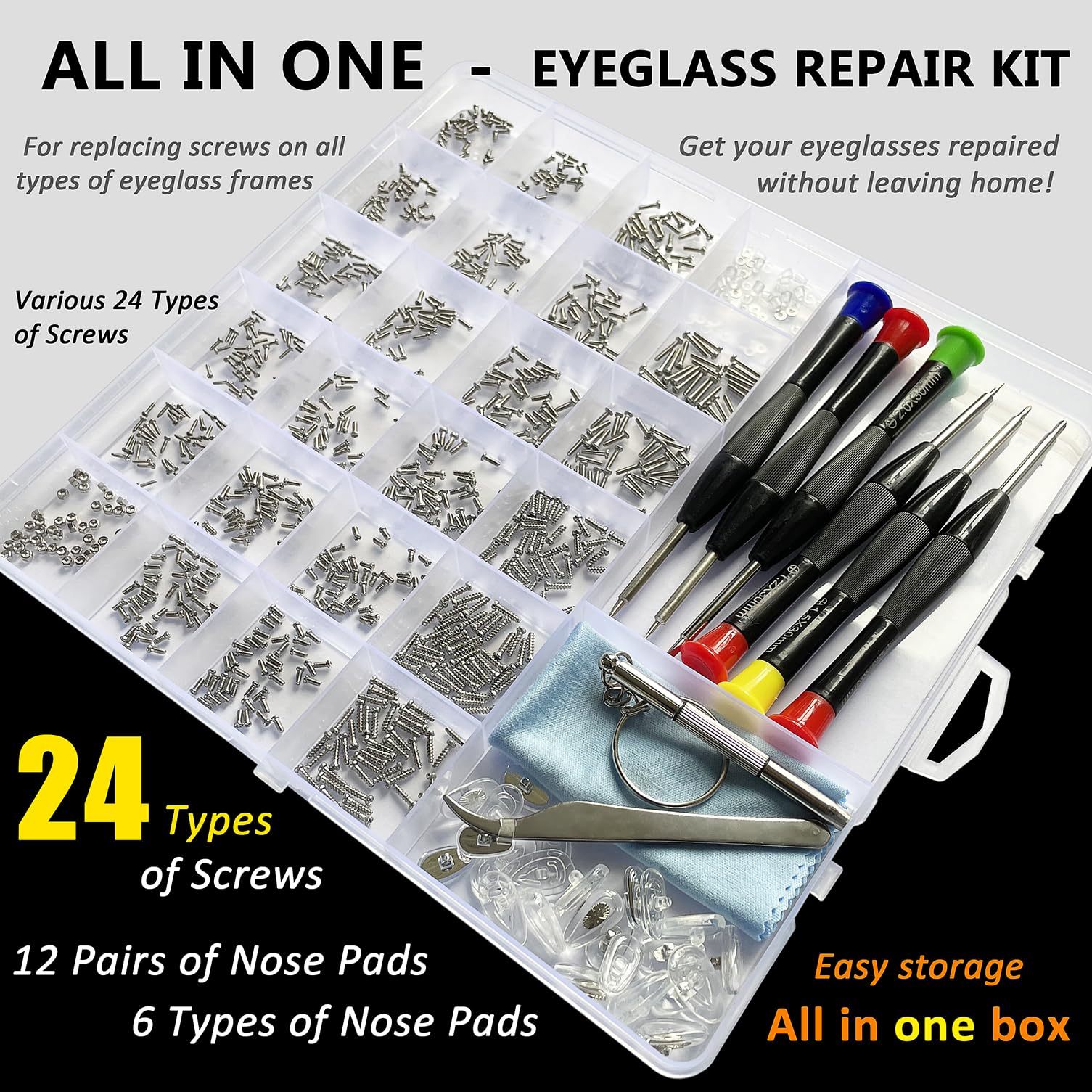Premium Eyeglass Repair Kit with 24 Types of Screws - Includes Frame Screws, Hinge Screws & Nose Pad Screws - Essential Glasses Repair Tool for Home, Office & Travel