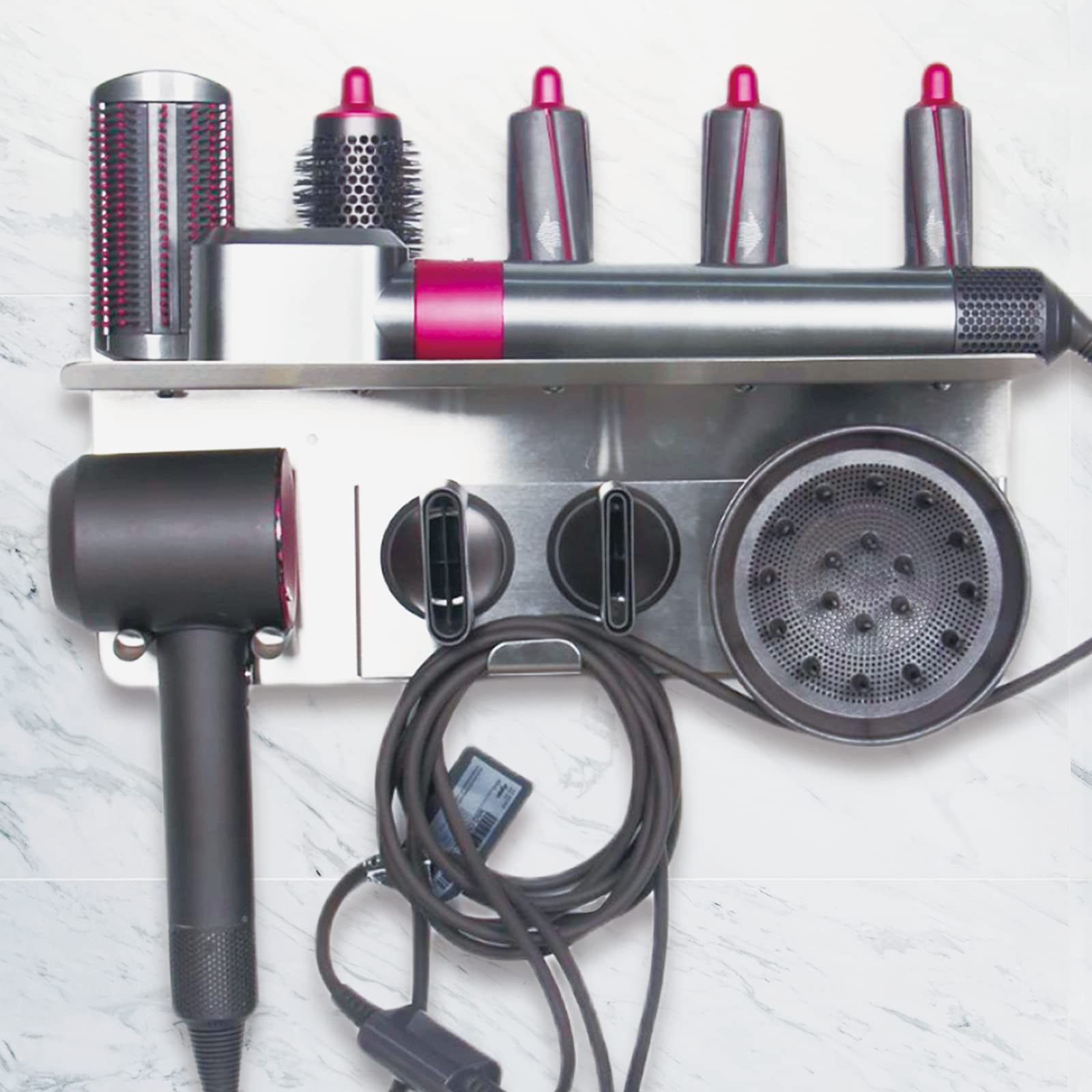 Dyson Airwrap & Supersonic Hair Dryer Wall Mount Holder - 2 in 1 Stainless Steel Storage Shelf for Curling Iron, Wand Barrels, Brushes & Diffuser Nozzles - Perfect for Bathroom & Salon Organization